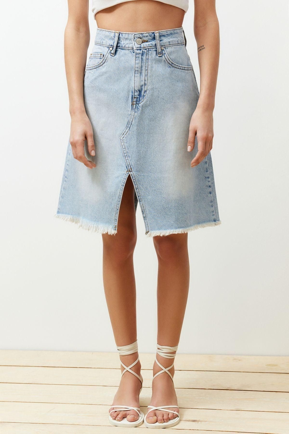Moda Denim Düz Desen Gündüz Gece Mini Boy Dikiş Detaylı Denim Etek