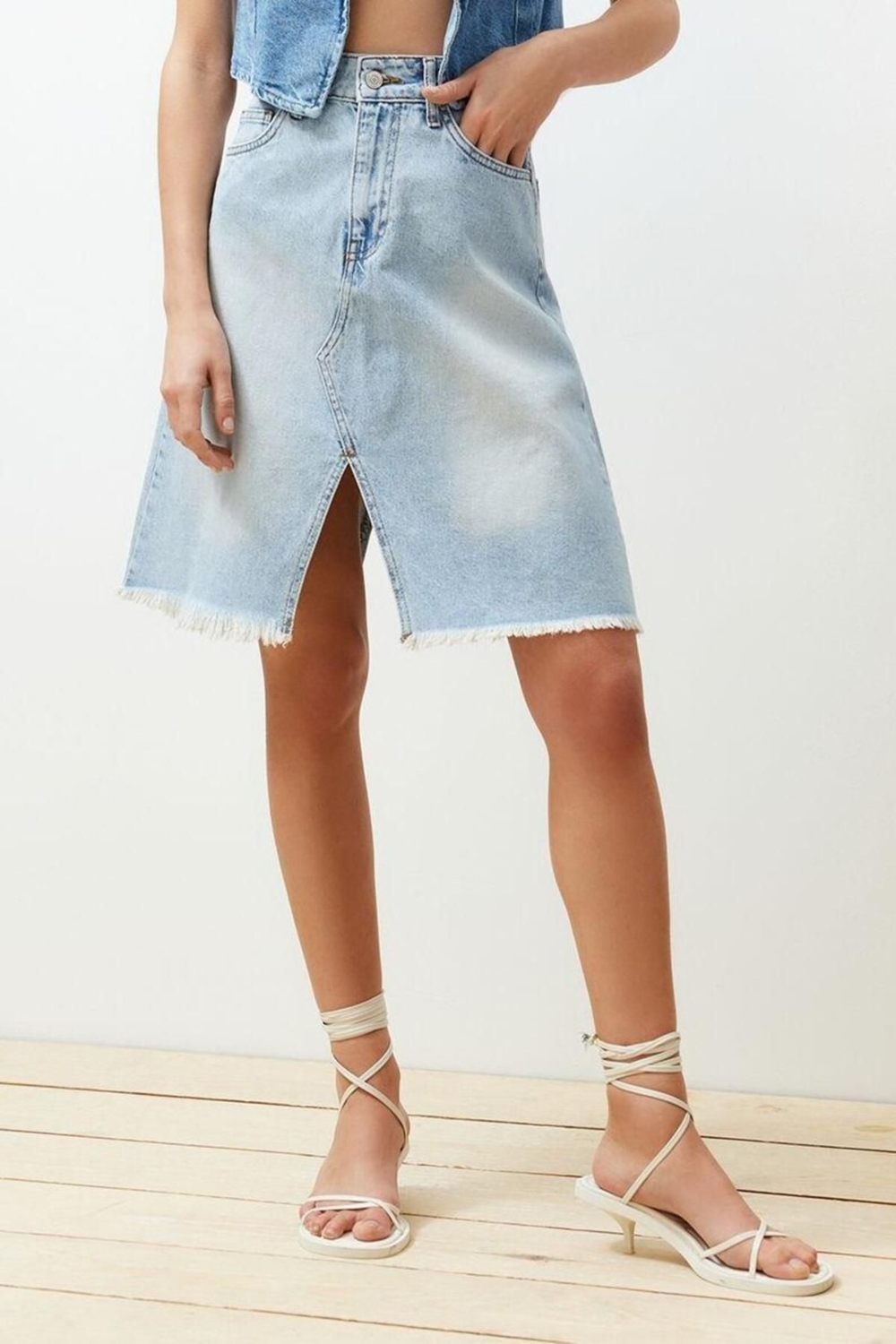 Moda Denim Düz Desen Gündüz Gece Mini Boy Dikiş Detaylı Denim Etek