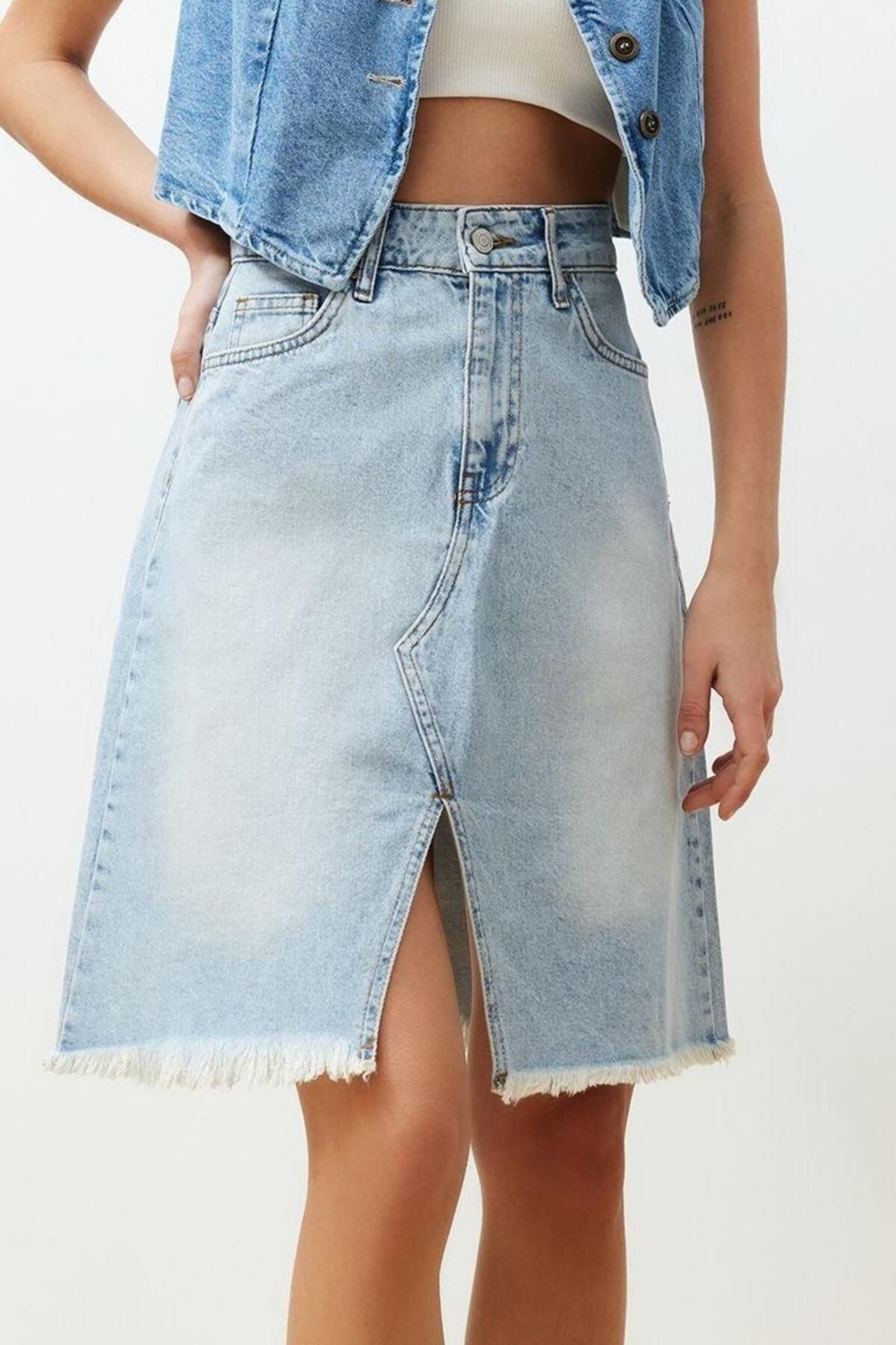 Moda Denim Düz Desen Gündüz Gece Mini Boy Dikiş Detaylı Denim Etek