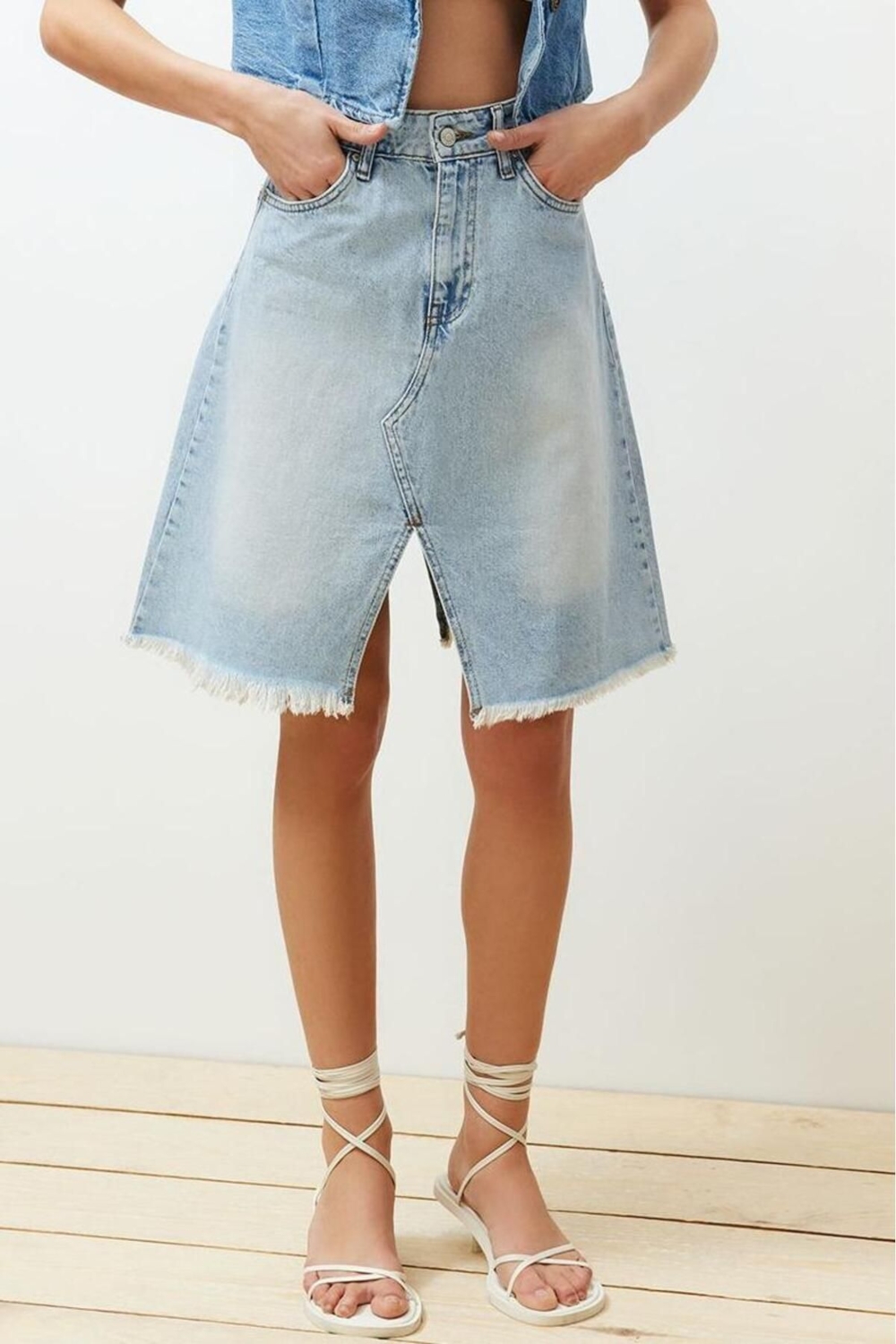 Moda Denim Düz Desen Gündüz Gece Mini Boy Dikiş Detaylı Denim Etek