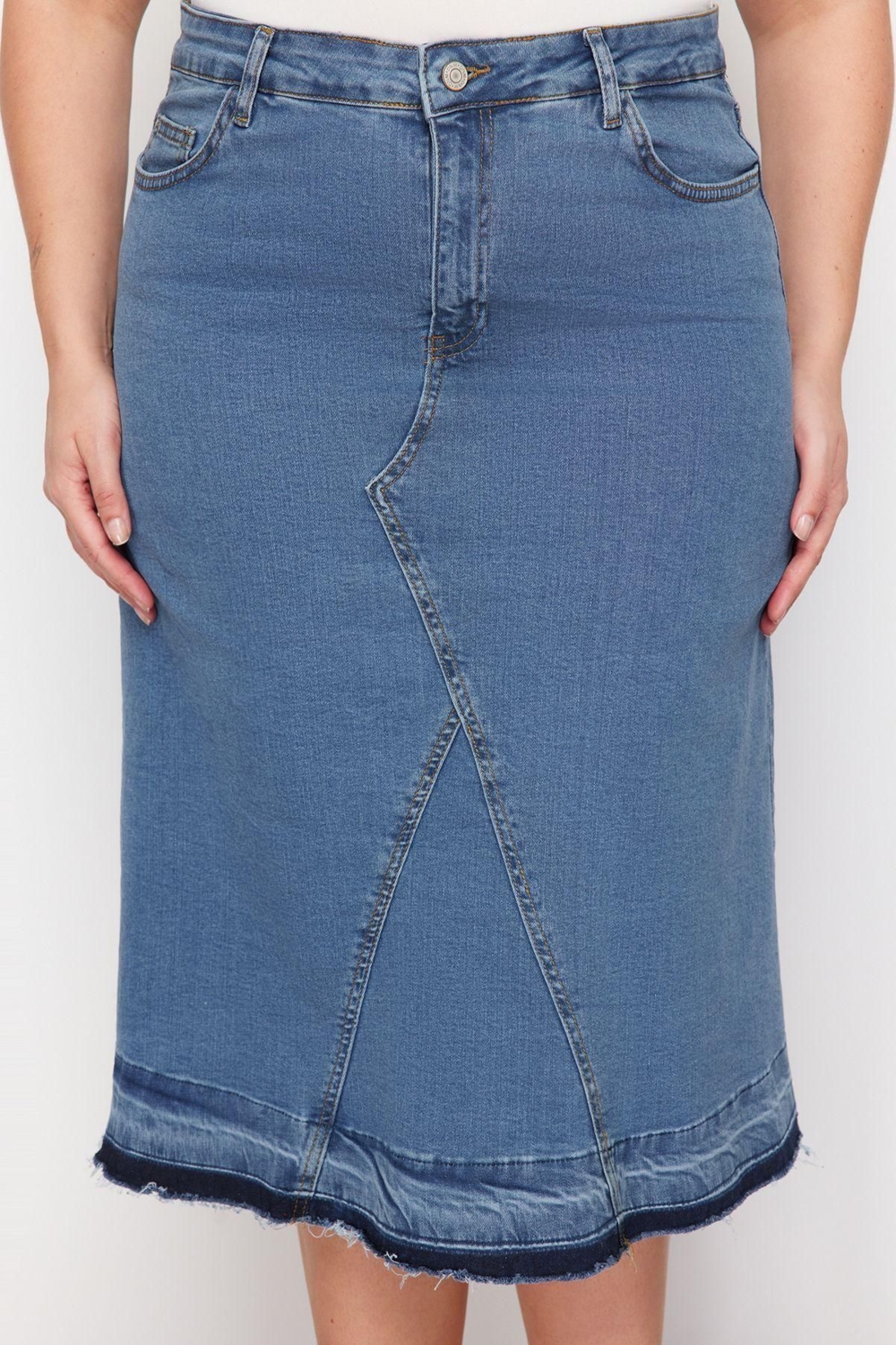 Moda Büyük Beden Regular Düz Desen Günlük Midi Boy Renk Bloklu Denim Etek