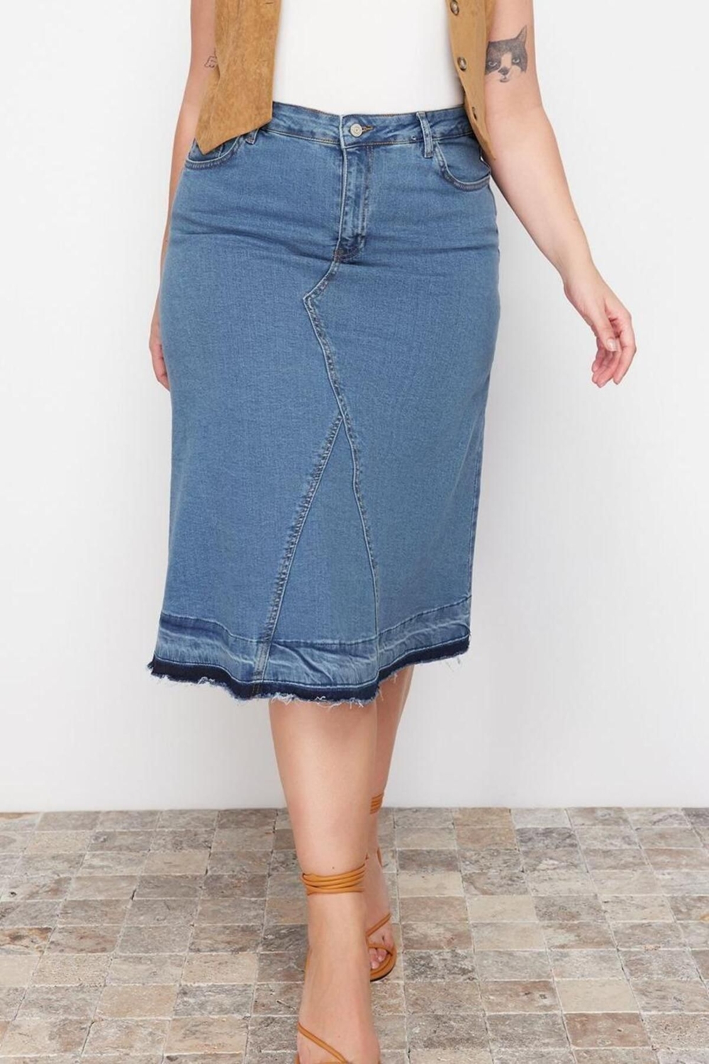 Moda Büyük Beden Regular Düz Desen Günlük Midi Boy Renk Bloklu Denim Etek