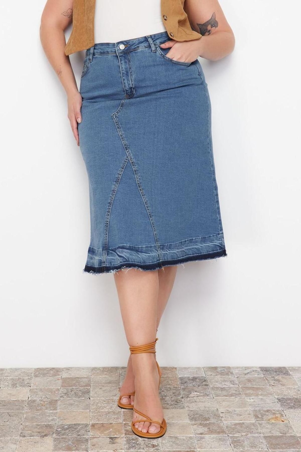 Moda Büyük Beden Regular Düz Desen Günlük Midi Boy Renk Bloklu Denim Etek