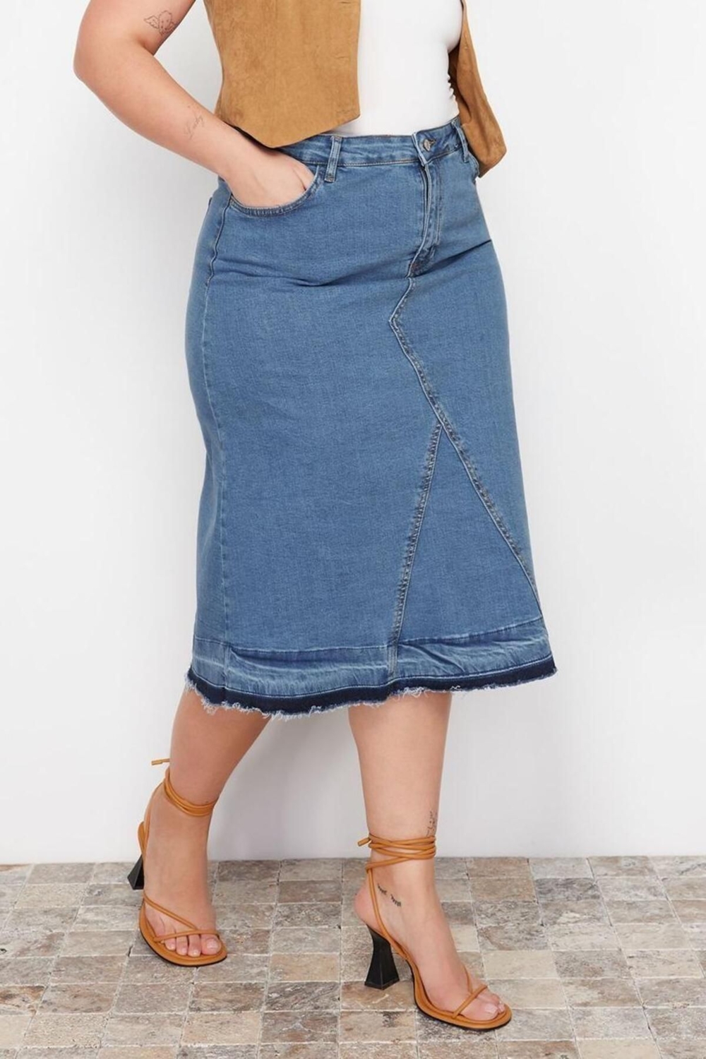 Moda Büyük Beden Regular Düz Desen Günlük Midi Boy Renk Bloklu Denim Etek