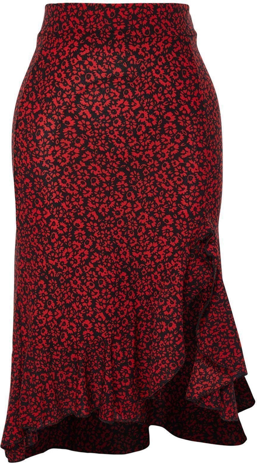 Moda Regular Puantiyeli Desen Günlük Çiçekli Fırfırlı Yırtmaçlı Esnek Midi Örme Etek
