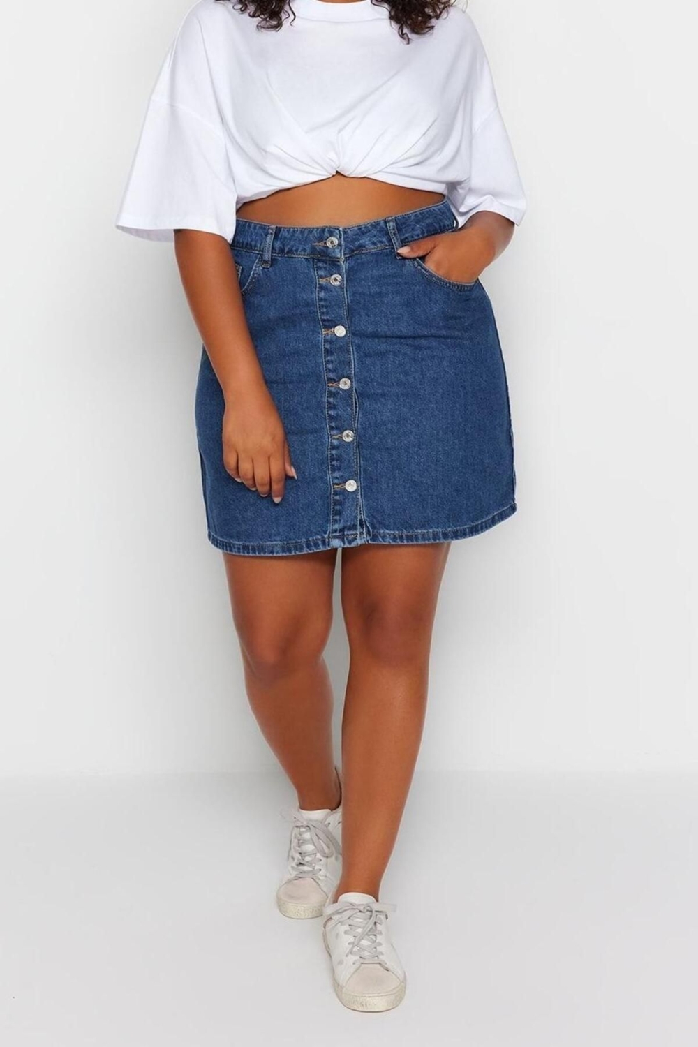 Moda Büyük Beden Regular Düz Desen Günlük Mini Boy Yüksek Bel Önü Düğmeli Denim Etek