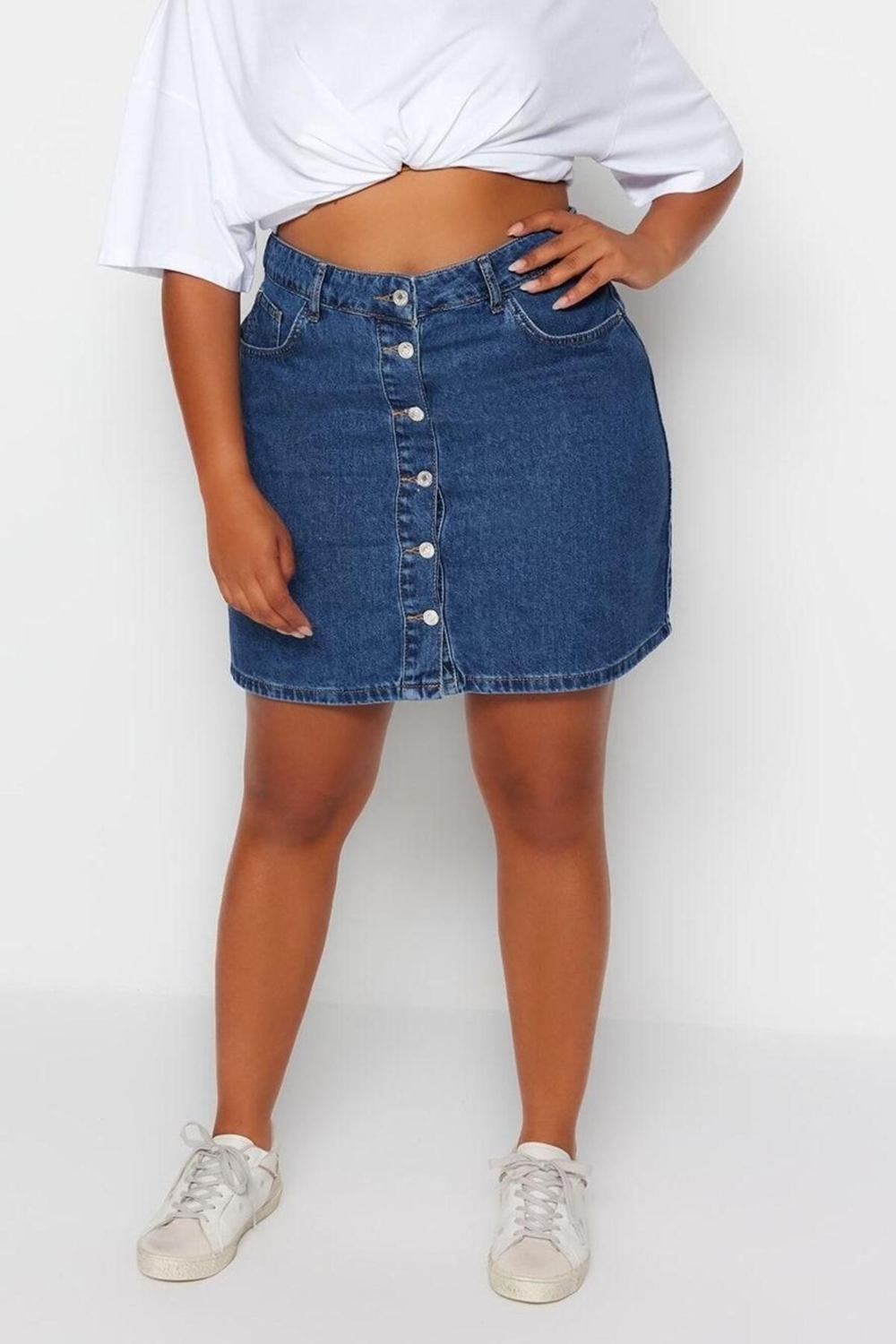 Moda Büyük Beden Regular Düz Desen Günlük Mini Boy Yüksek Bel Önü Düğmeli Denim Etek
