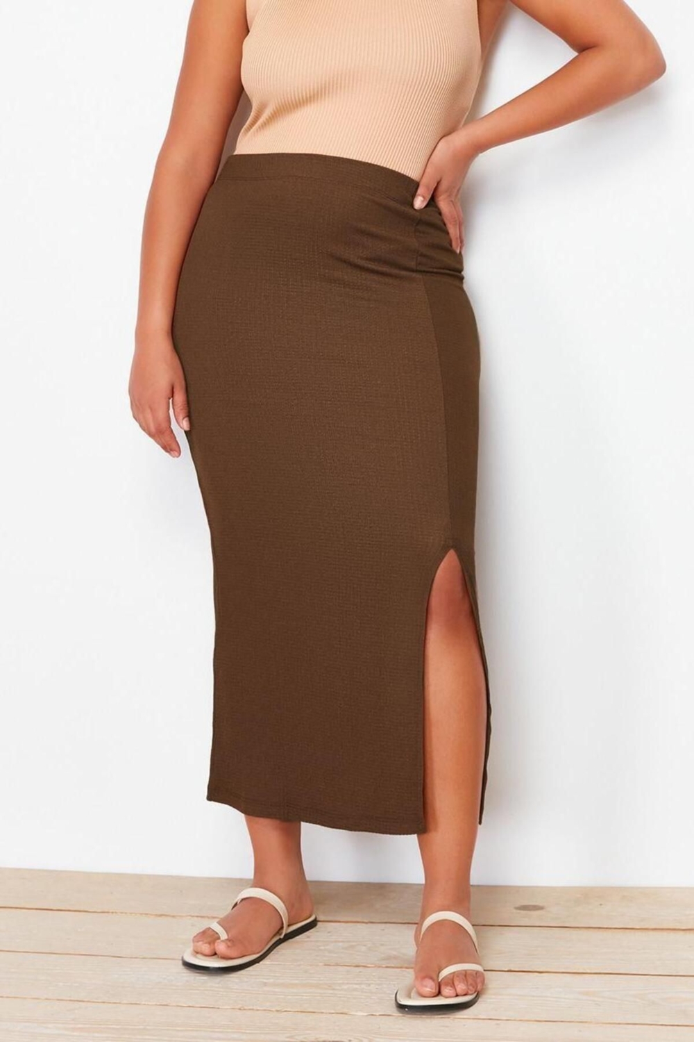 Moda Büyük Beden Regular Düz Desen Günlük Midi Boy Yırtmaçlı Örme Etek