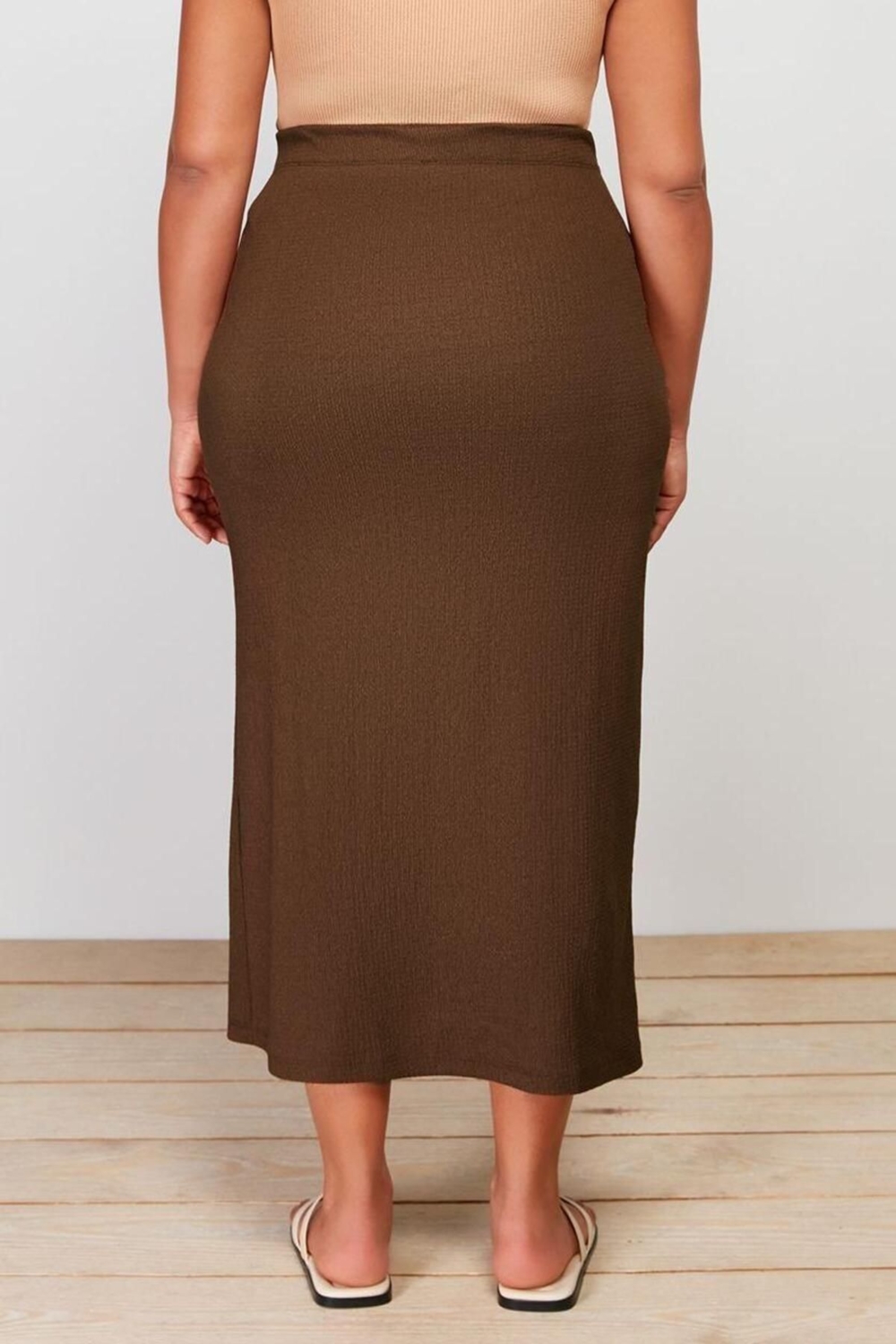 Moda Büyük Beden Regular Düz Desen Günlük Midi Boy Yırtmaçlı Örme Etek
