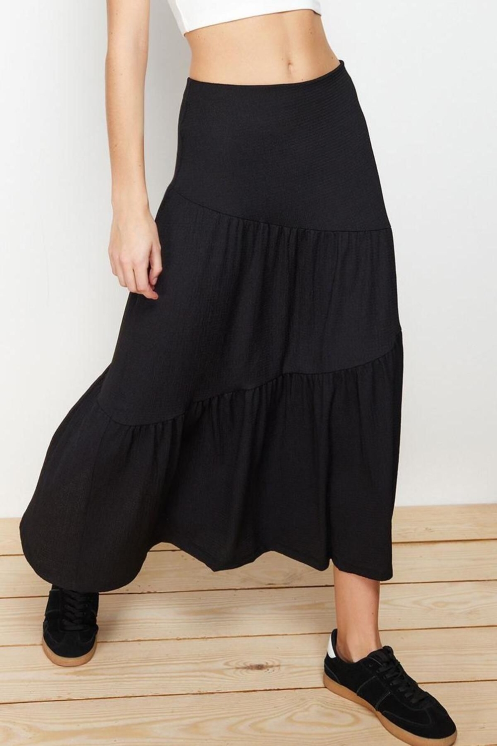 Moda Kloş Düz Desen Günlük Maxi Boy Bürümcük Maxi Pileli Esnek Örme Etek