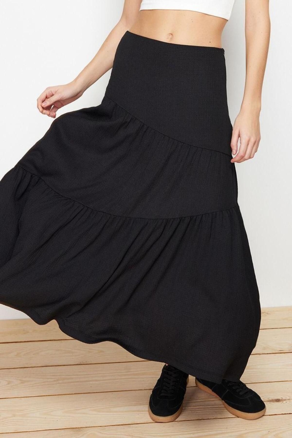 Moda Kloş Düz Desen Günlük Maxi Boy Bürümcük Maxi Pileli Esnek Örme Etek