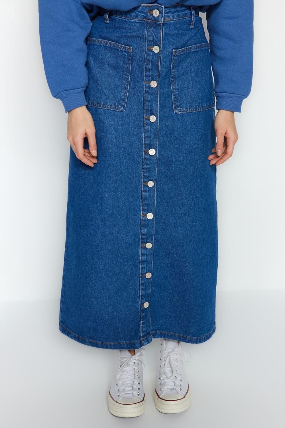 Kadın Önden Düğmeli Denim Maxi Etek Pamuk Casual Günlük Stil Hafta Sonu Yaz Aylarının Vazgeçilmezi