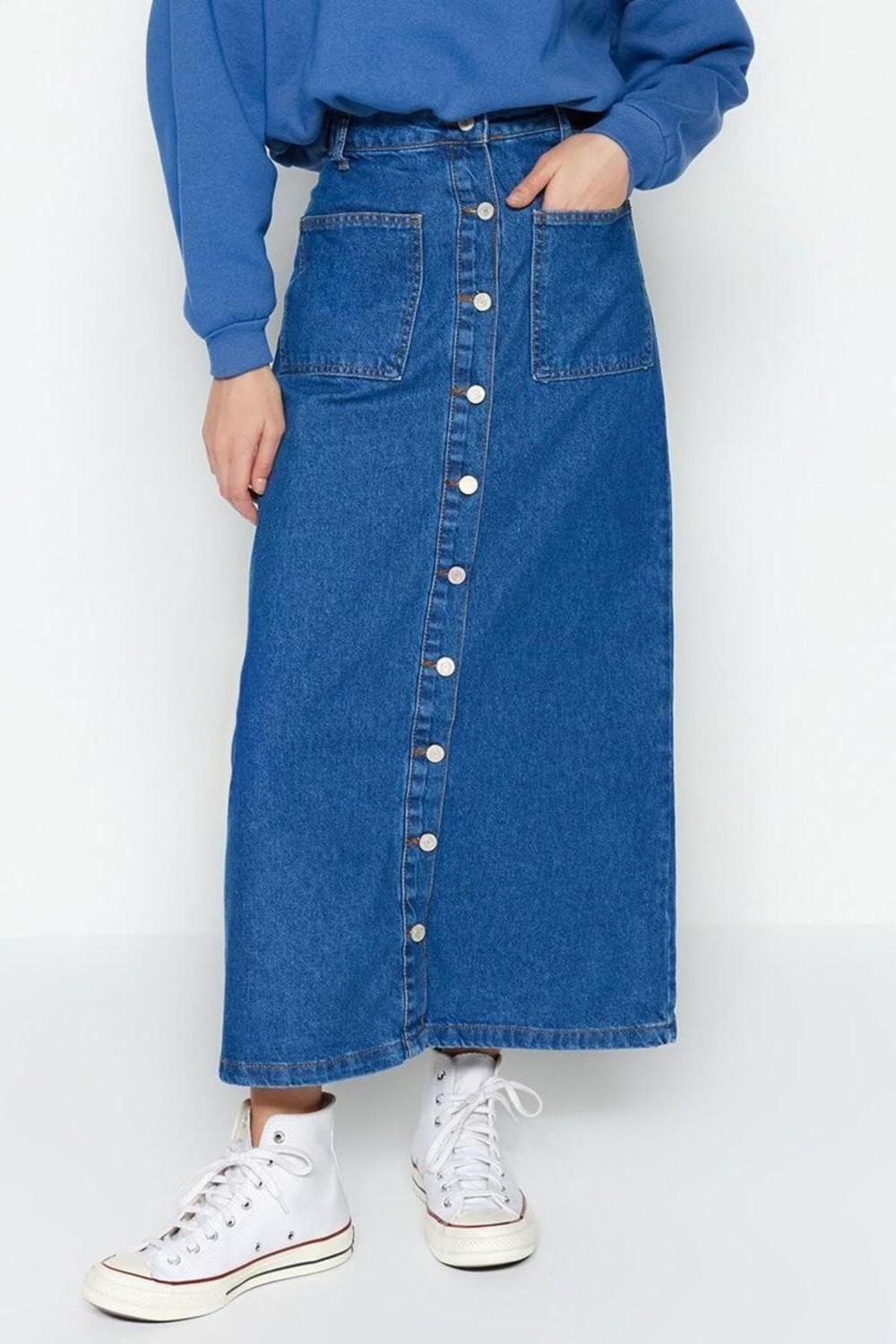 Kadın Önden Düğmeli Denim Maxi Etek Pamuk Casual Günlük Stil Hafta Sonu Yaz Aylarının Vazgeçilmezi