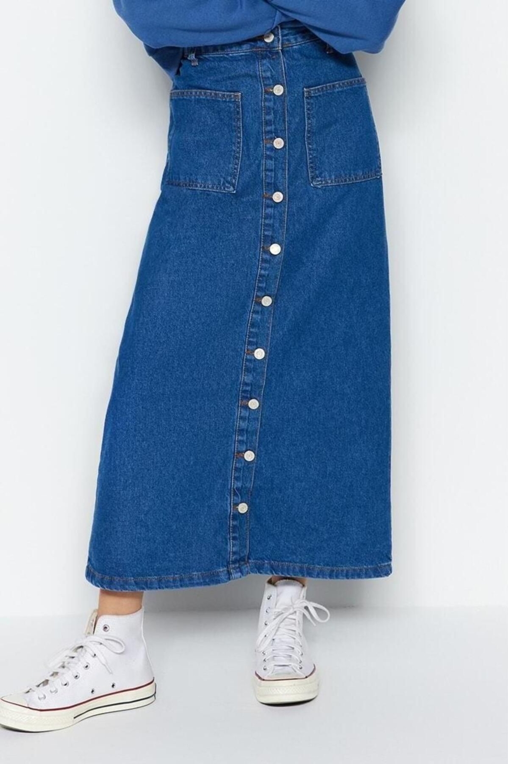Kadın Önden Düğmeli Denim Maxi Etek Pamuk Casual Günlük Stil Hafta Sonu Yaz Aylarının Vazgeçilmezi