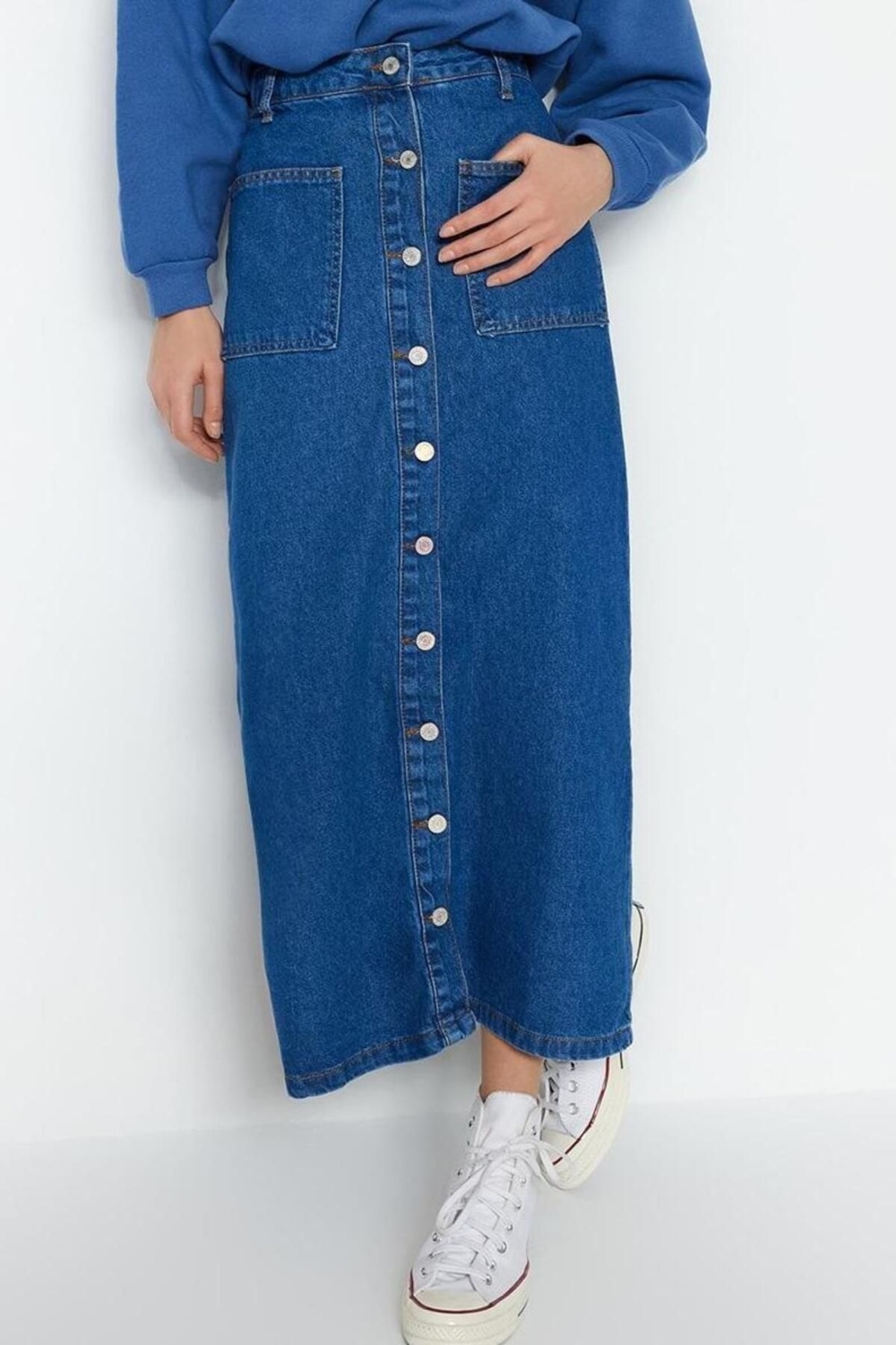 Kadın Önden Düğmeli Denim Maxi Etek Pamuk Casual Günlük Stil Hafta Sonu Yaz Aylarının Vazgeçilmezi