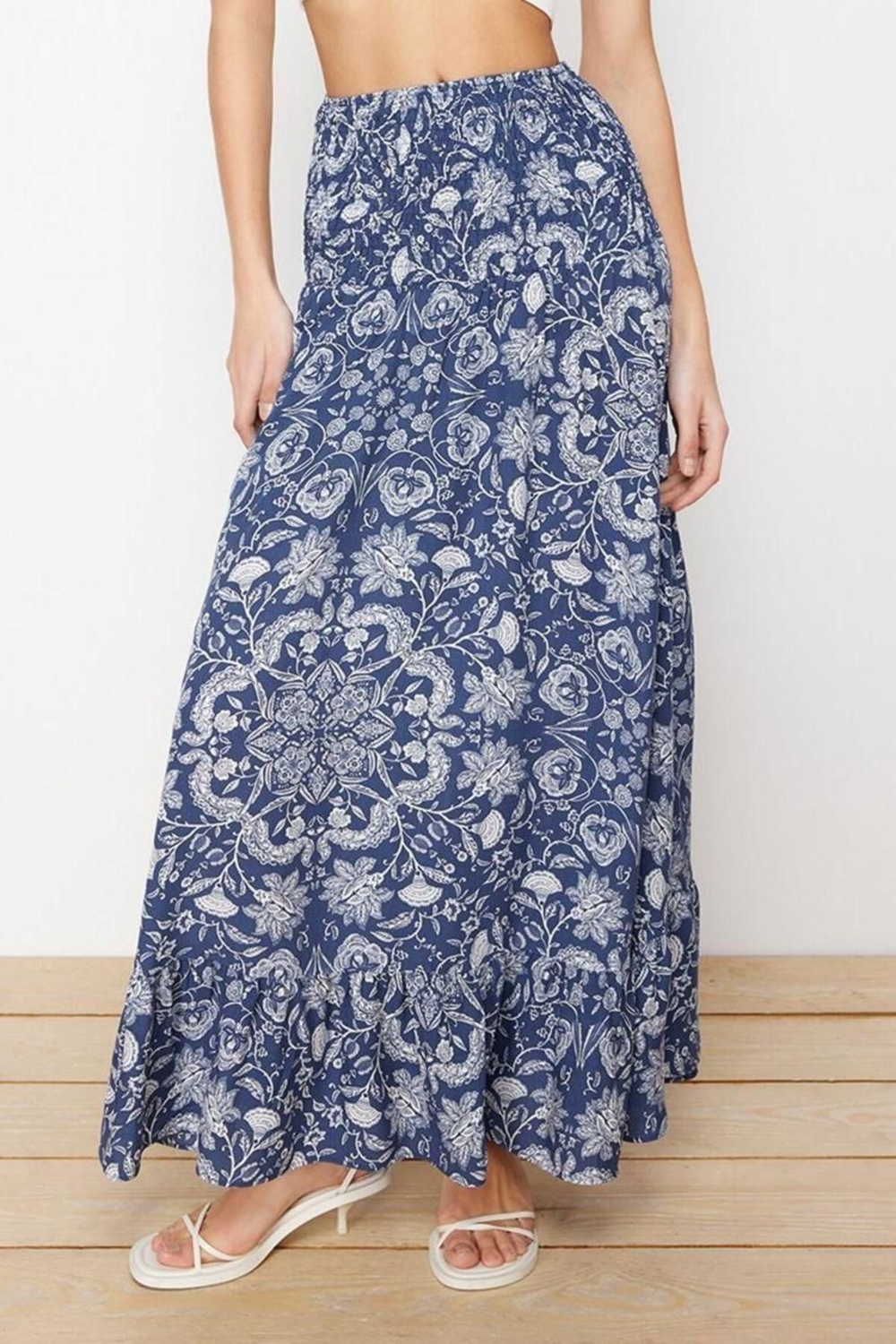 Moda Regular Çiçekli Desen Günlük Maxi Boy Etek Ucu Fırfırlı A-line Midi Boy Dokuma Etek