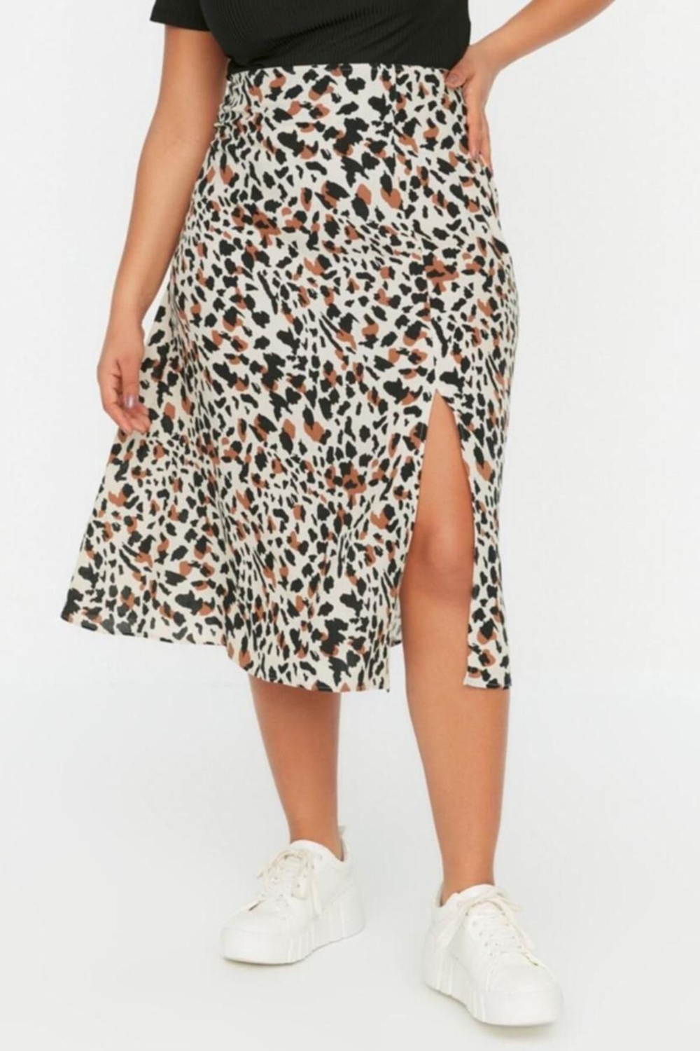 Moda Büyük Beden Regular Animal Desen Günlük Midi Boy Yırtmaçlı Dokuma Etek