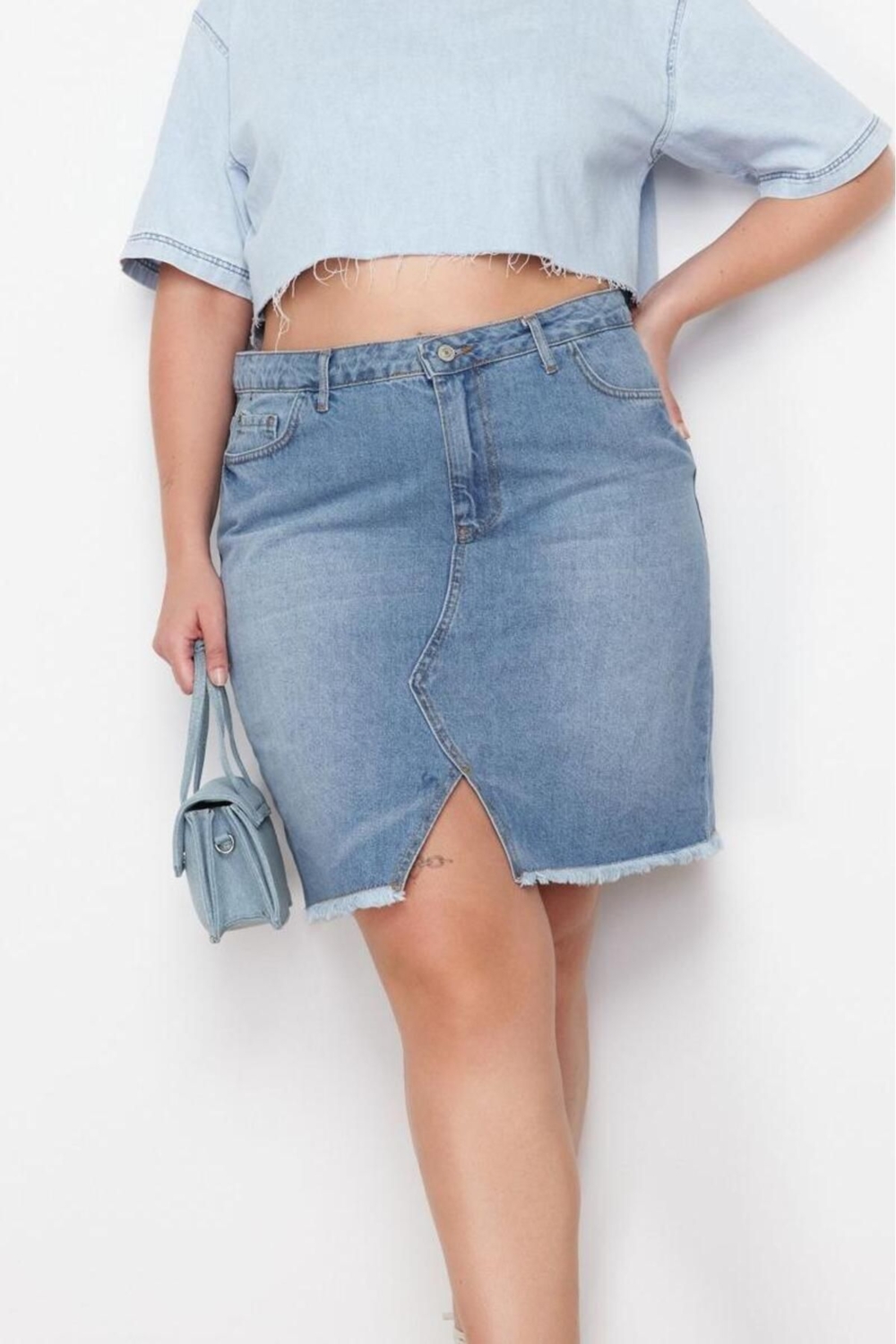 Moda Büyük Beden Regular Düz Desen Günlük Mini Boy Yüksek Bel Kalem Denim Etek