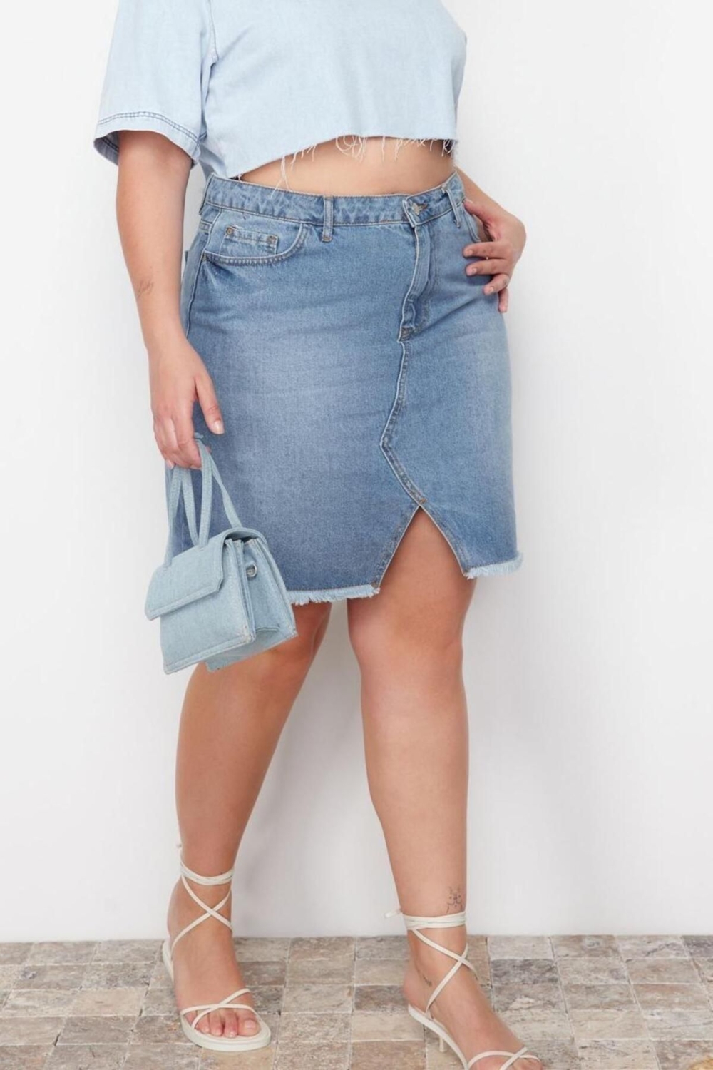 Moda Büyük Beden Regular Düz Desen Günlük Mini Boy Yüksek Bel Kalem Denim Etek