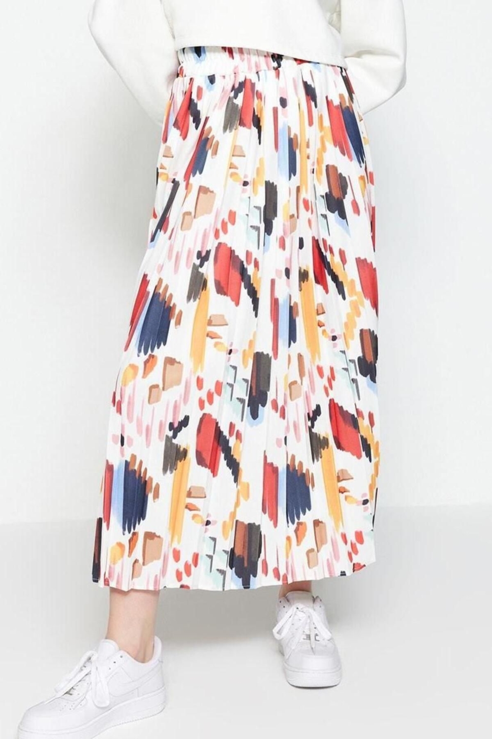 Moda Tesettür Regular Geometrik Desen Günlük Maxi Boy Geniş Piliseli Beli Lastikli Dokuma Etek