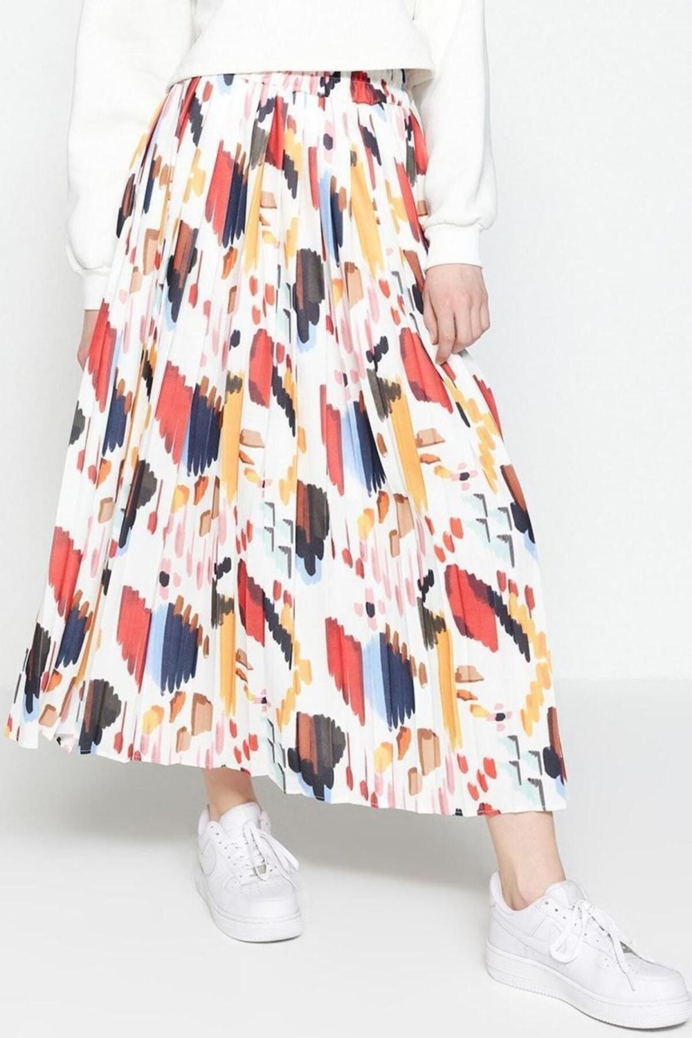 Moda Tesettür Regular Geometrik Desen Günlük Maxi Boy Geniş Piliseli Beli Lastikli Dokuma Etek