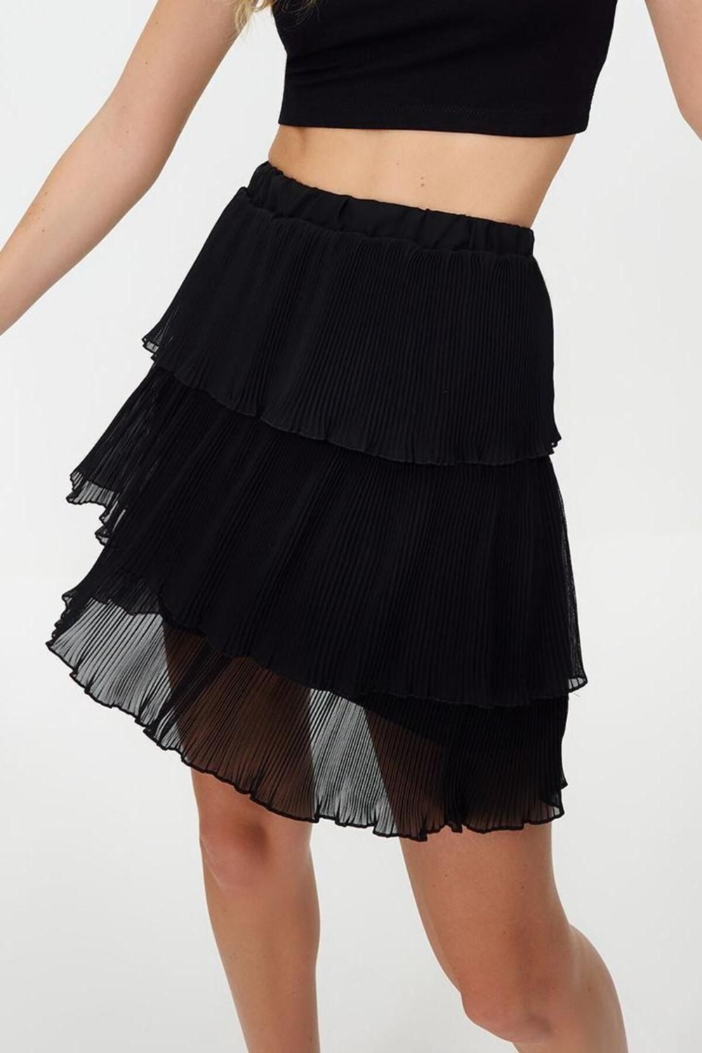 Moda Regular Düz Desen Günlük Mini Boy Piliseli Eteği Fırfırlı Şifon Mini Dokuma Etek