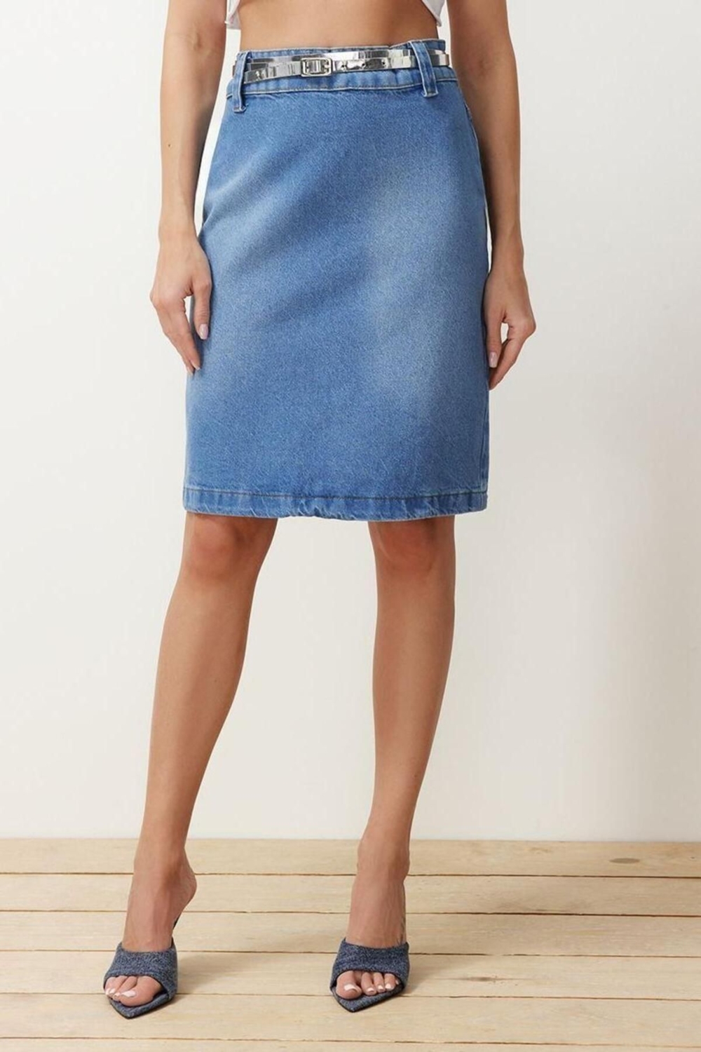 Moda Denim Düz Desen Günlük Midi Boy Yırtmaçlı Midi Denim Etek