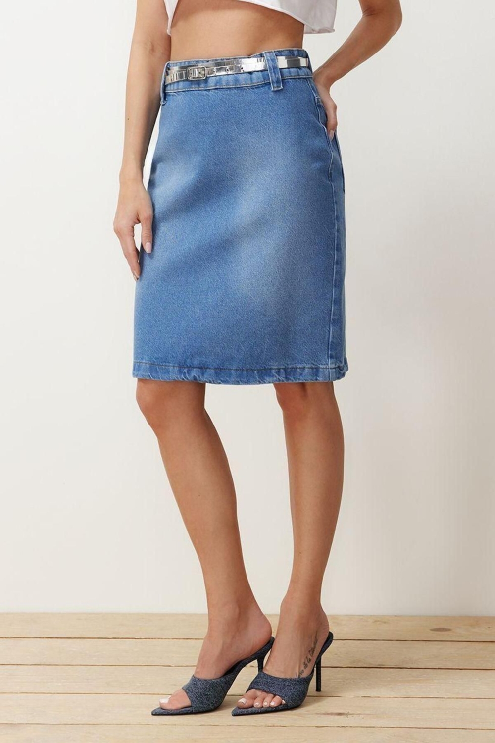 Moda Denim Düz Desen Günlük Midi Boy Yırtmaçlı Midi Denim Etek