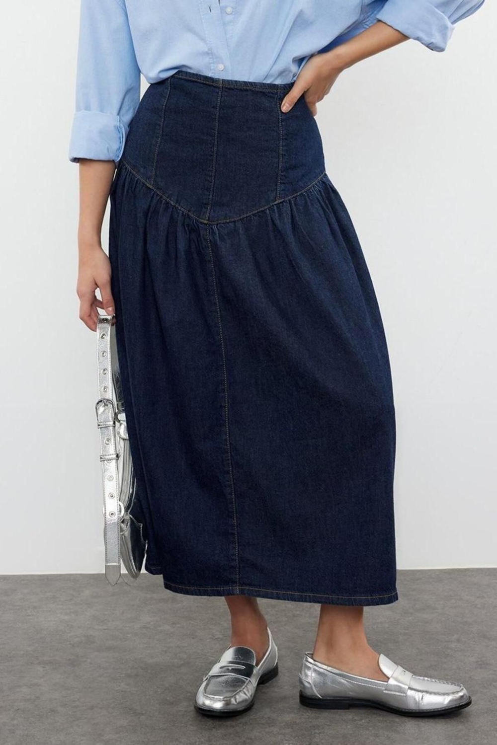 Moda Regular Düz Desen Günlük Midi Denim Etek