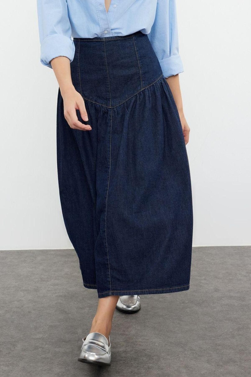 Moda Regular Düz Desen Günlük Midi Denim Etek