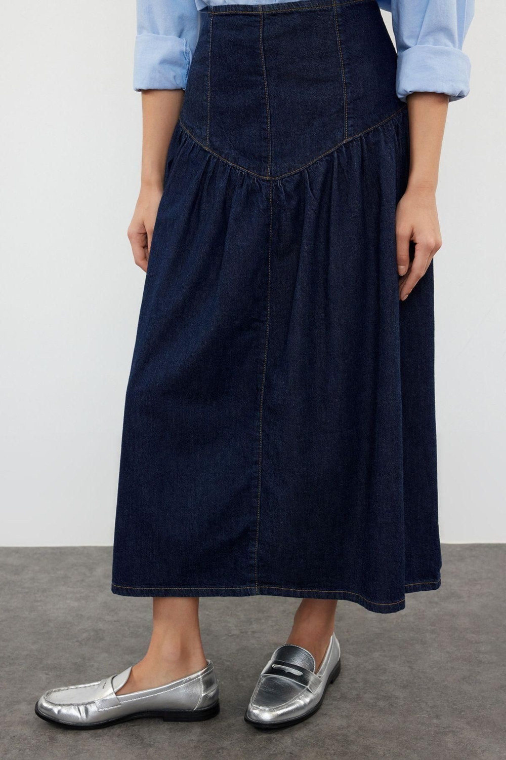 Moda Regular Düz Desen Günlük Midi Denim Etek