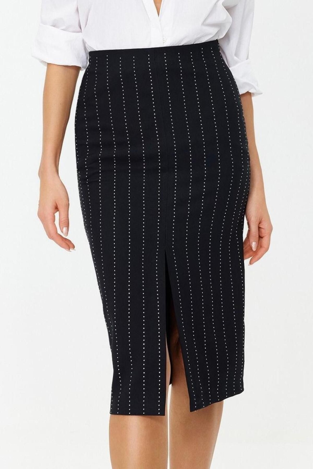 Moda Fitted Düz Desen Şık Gece Midi Boy Vücuda Oturan Parlak Taşlı Dokuma Etek