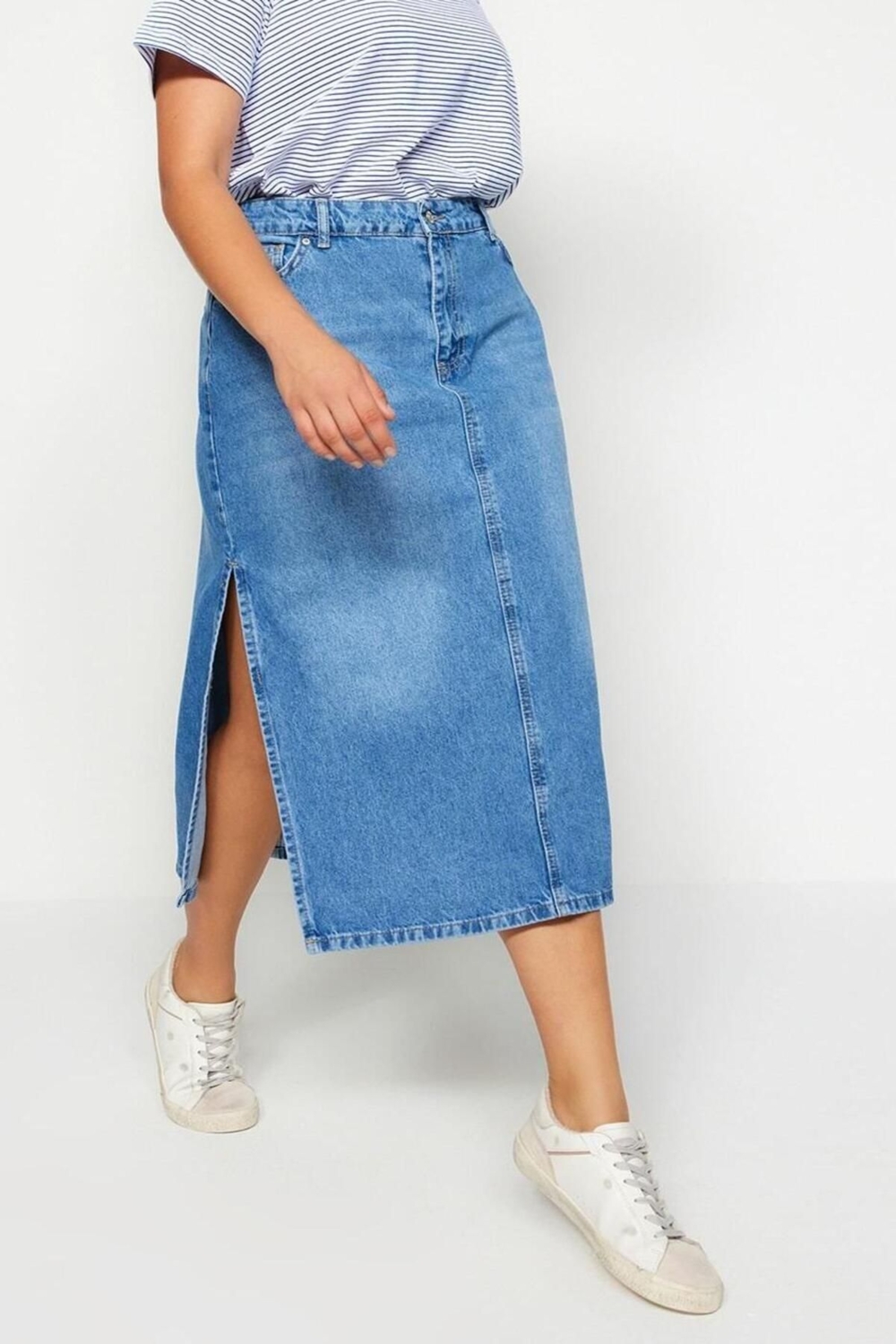 Moda Büyük Beden Regular Düz Desen Günlük Midi Boy Yırtmaçlı Denim Etek