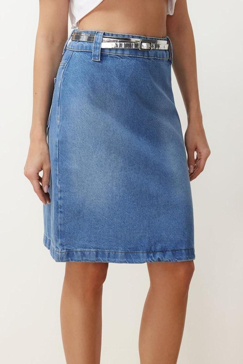 Moda Denim Düz Desen Günlük Midi Boy Yırtmaçlı Midi Denim Etek