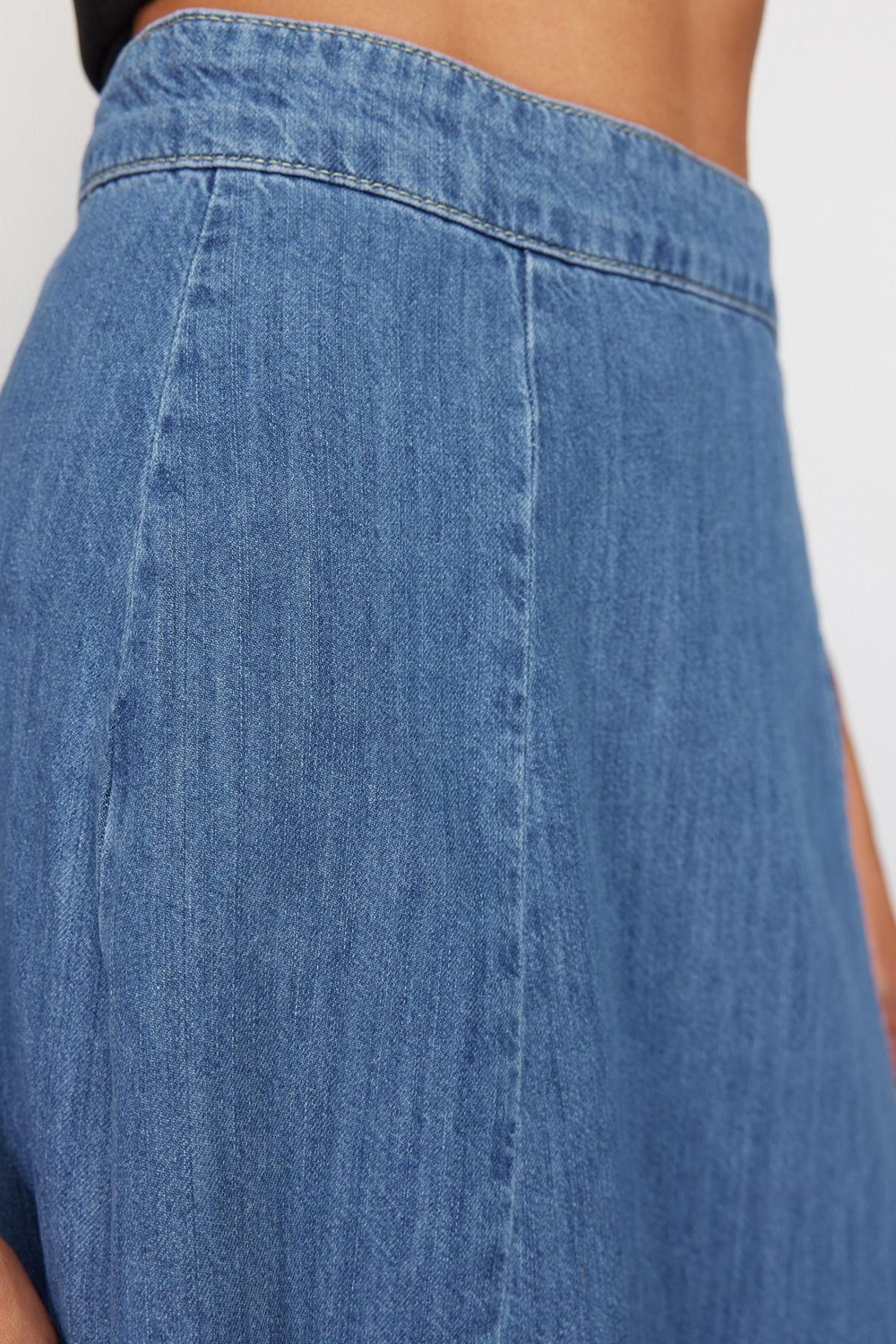 Moda Denim Düz Desen Günlük Midi Boy Yüksek Bel Midi Modest Denim Etek