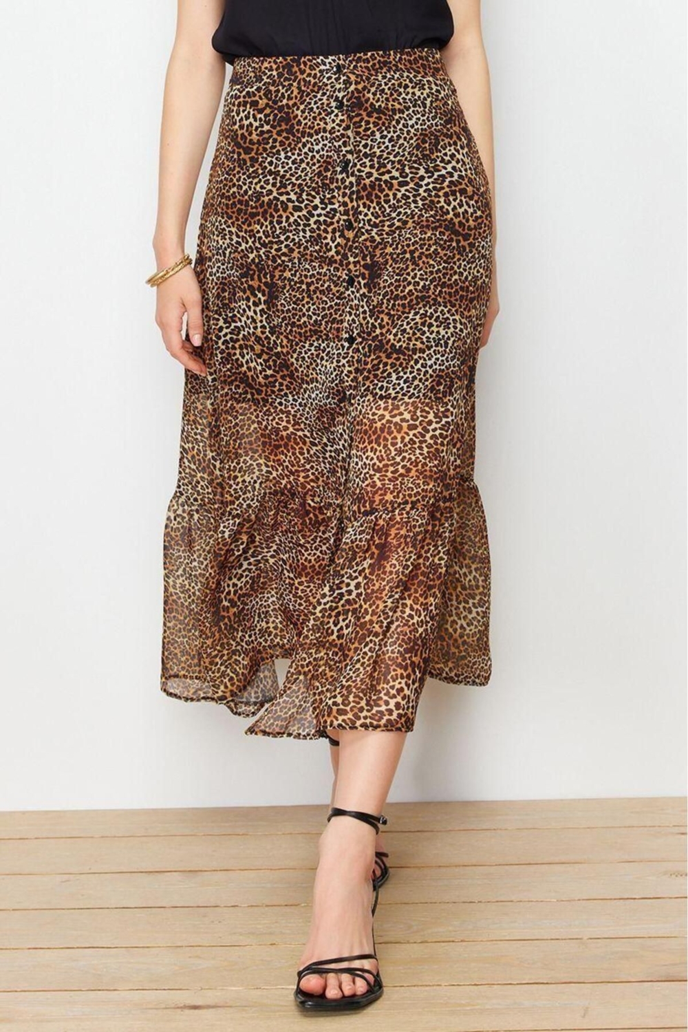Moda Regular Baskılı Desen Günlük Maxi Boy Leopar Desenli Şifon Kumaş Midi Boy Dokuma Etek