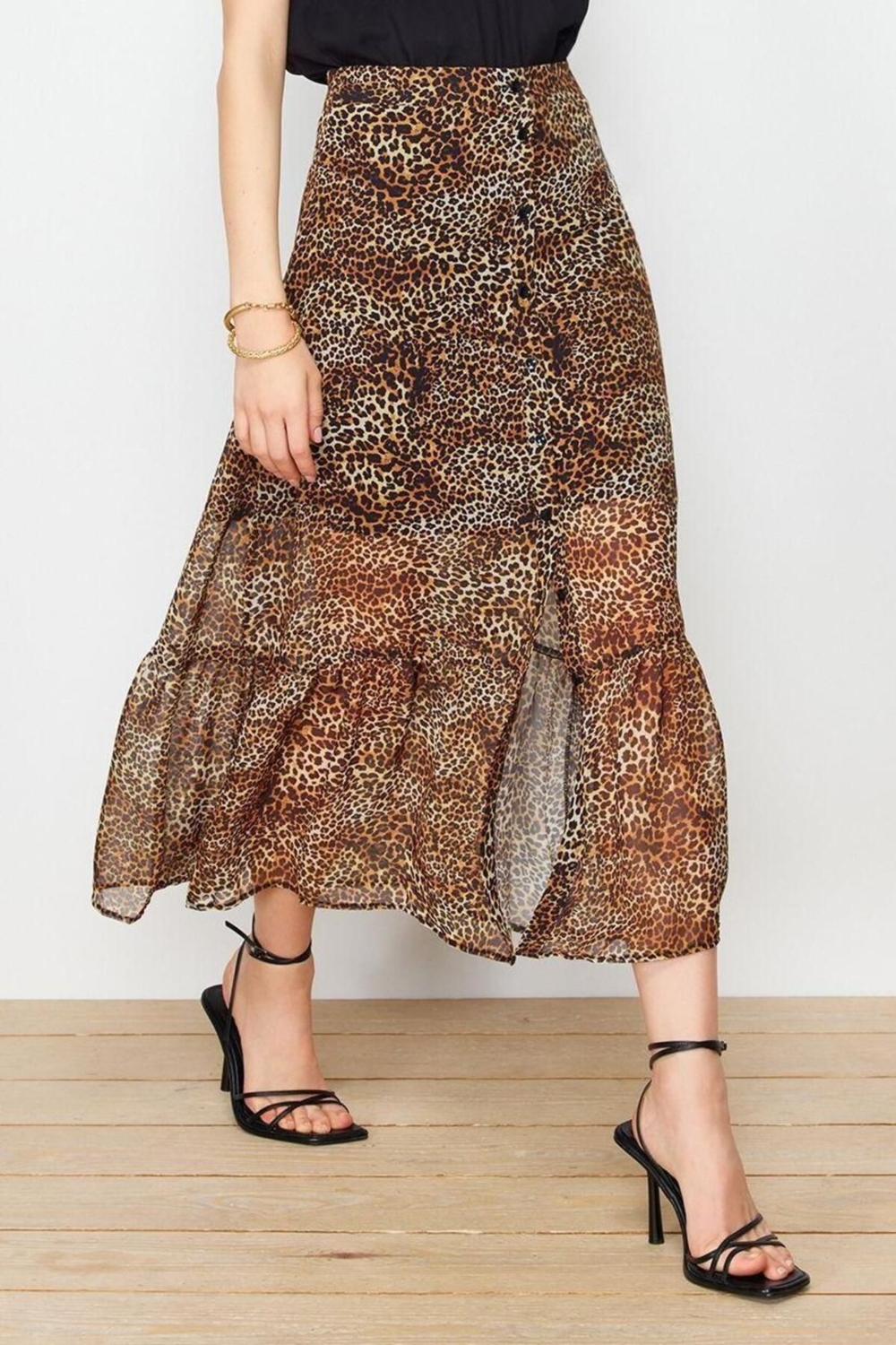 Moda Regular Baskılı Desen Günlük Maxi Boy Leopar Desenli Şifon Kumaş Midi Boy Dokuma Etek