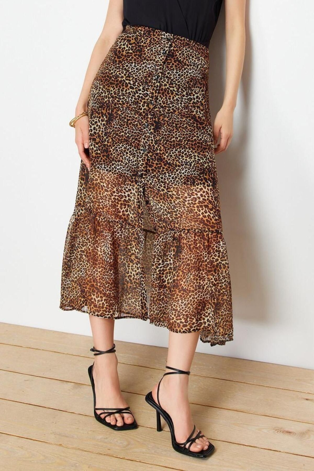 Moda Regular Baskılı Desen Günlük Maxi Boy Leopar Desenli Şifon Kumaş Midi Boy Dokuma Etek