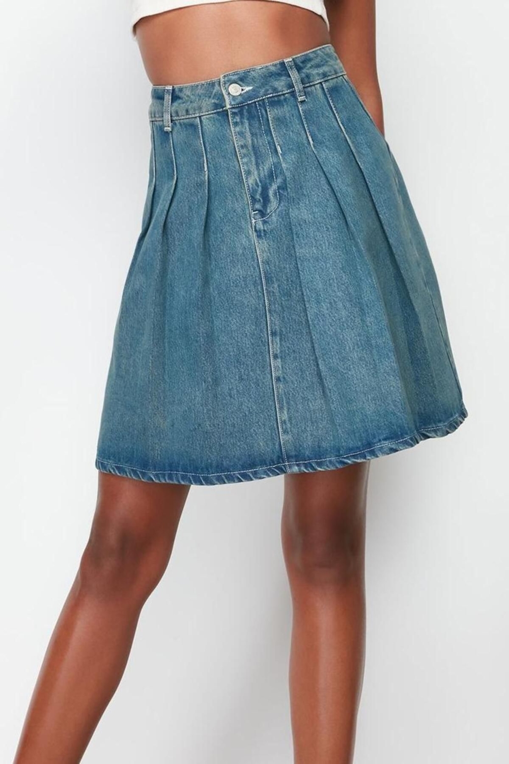 Moda Denim Düz Desen Günlük Mini Boy Pileli Mini Denim Etek