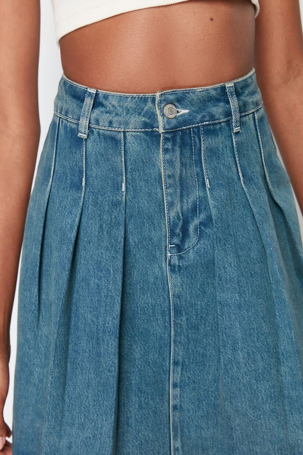 Moda Denim Düz Desen Günlük Mini Boy Pileli Mini Denim Etek