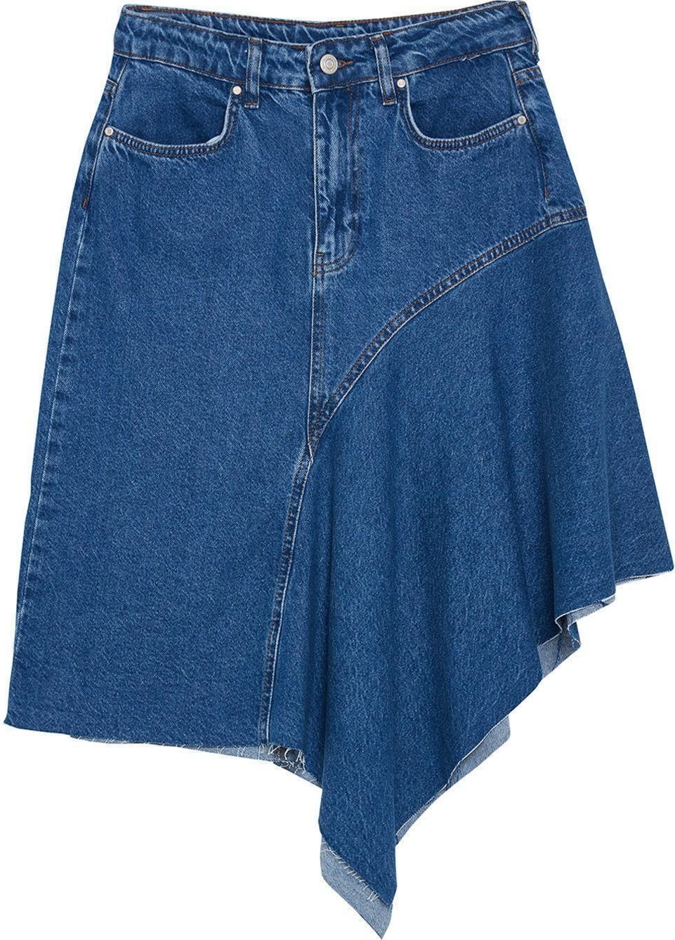 Moda Regular Düz Desen Günlük Midi Boy Dikiş Detaylı Asimetril Yüksek Bel Midi Denim Etek