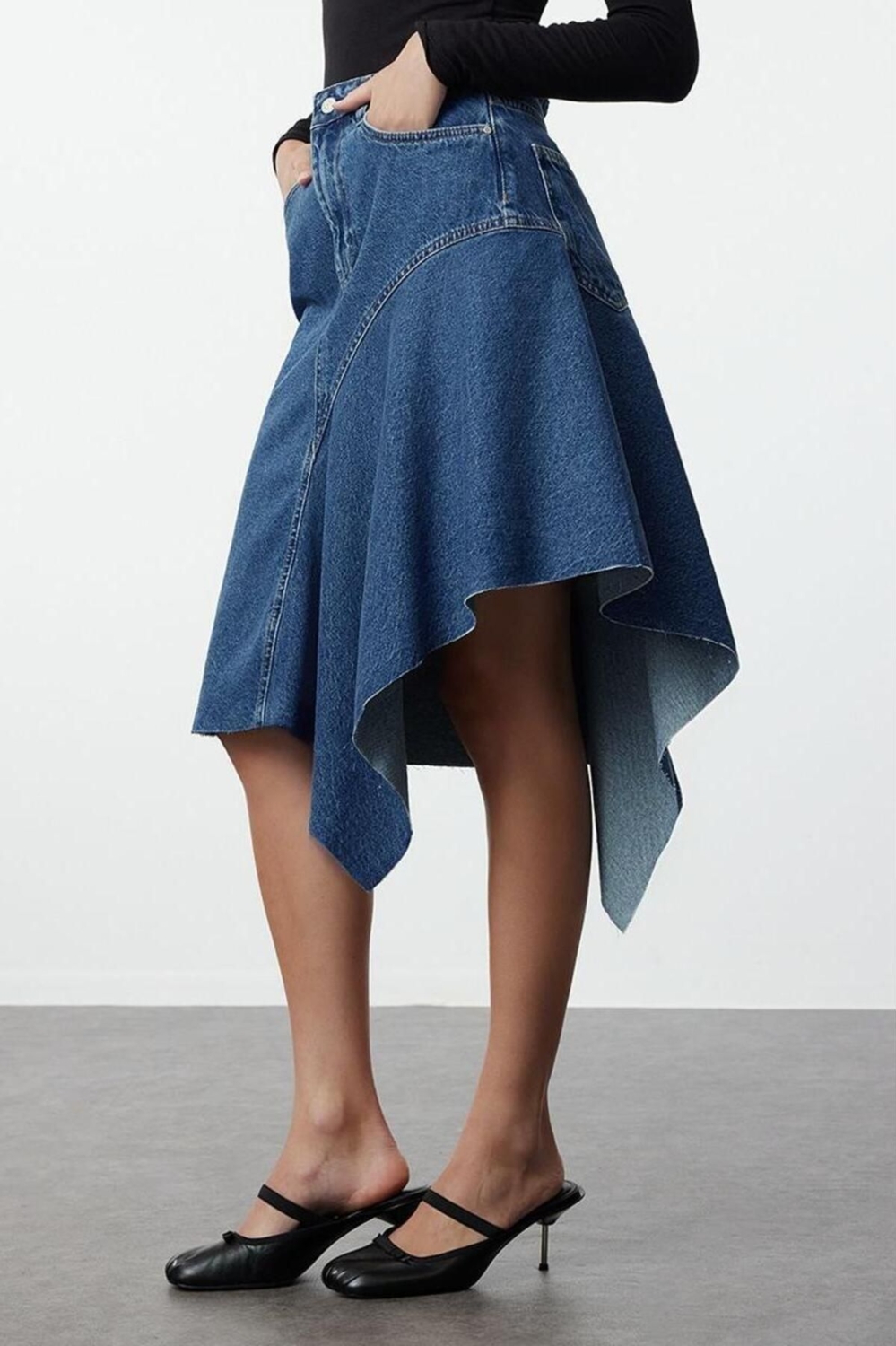 Moda Regular Düz Desen Günlük Midi Boy Dikiş Detaylı Asimetril Yüksek Bel Midi Denim Etek