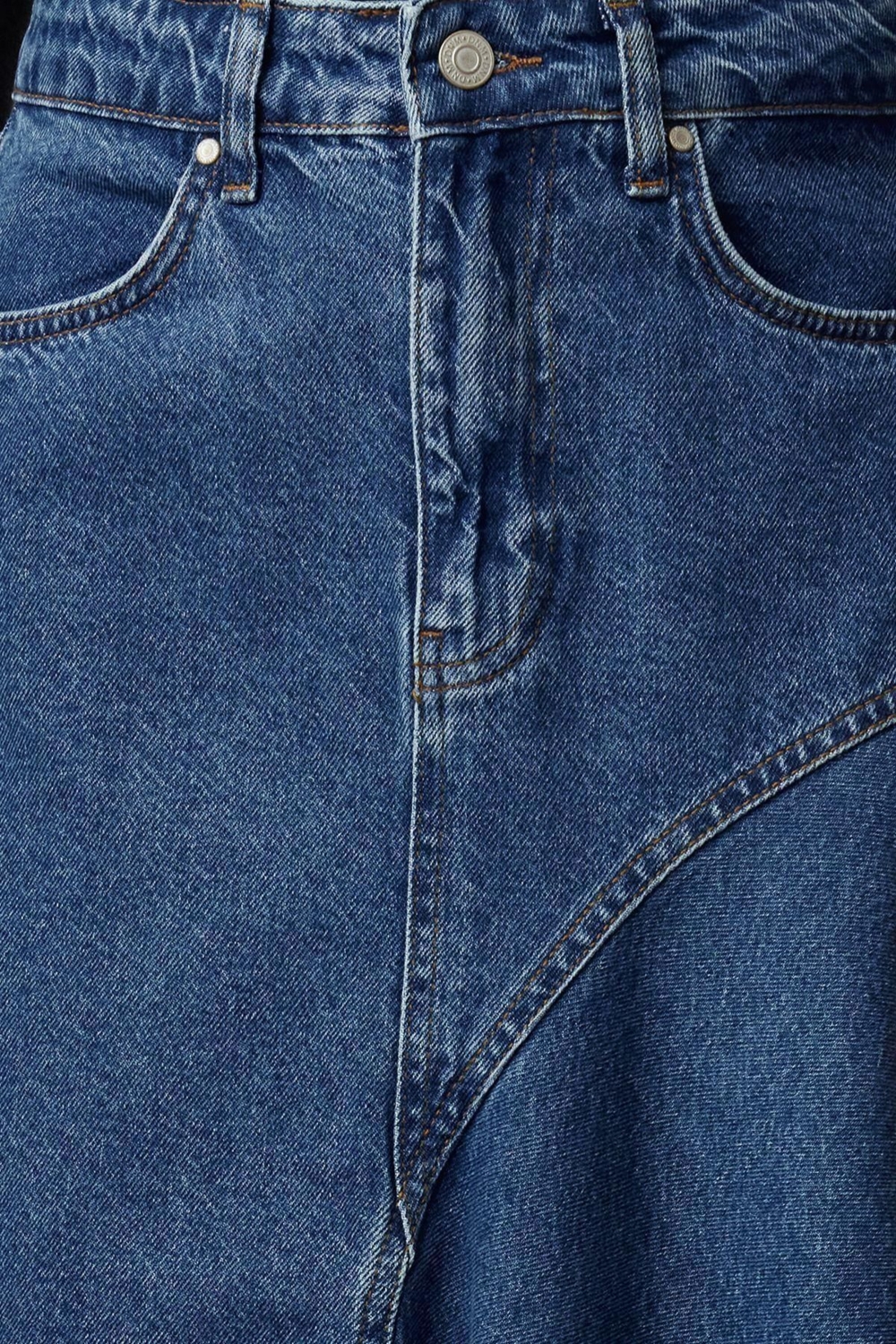Moda Regular Düz Desen Günlük Midi Boy Dikiş Detaylı Asimetril Yüksek Bel Midi Denim Etek