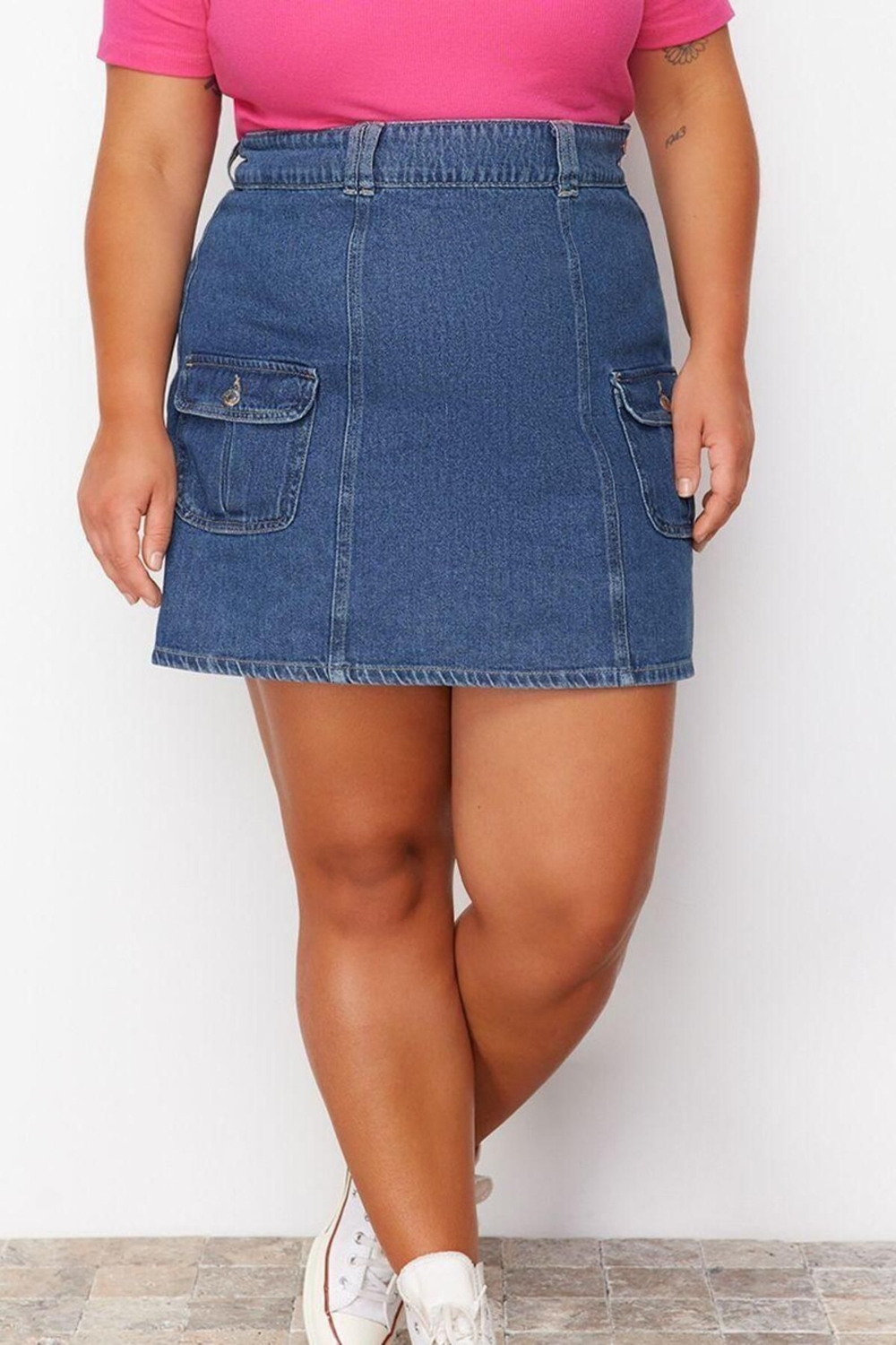 Moda Büyük Beden Regular Düz Desen Günlük Mini Boy Cepli Mini Denim Etek
