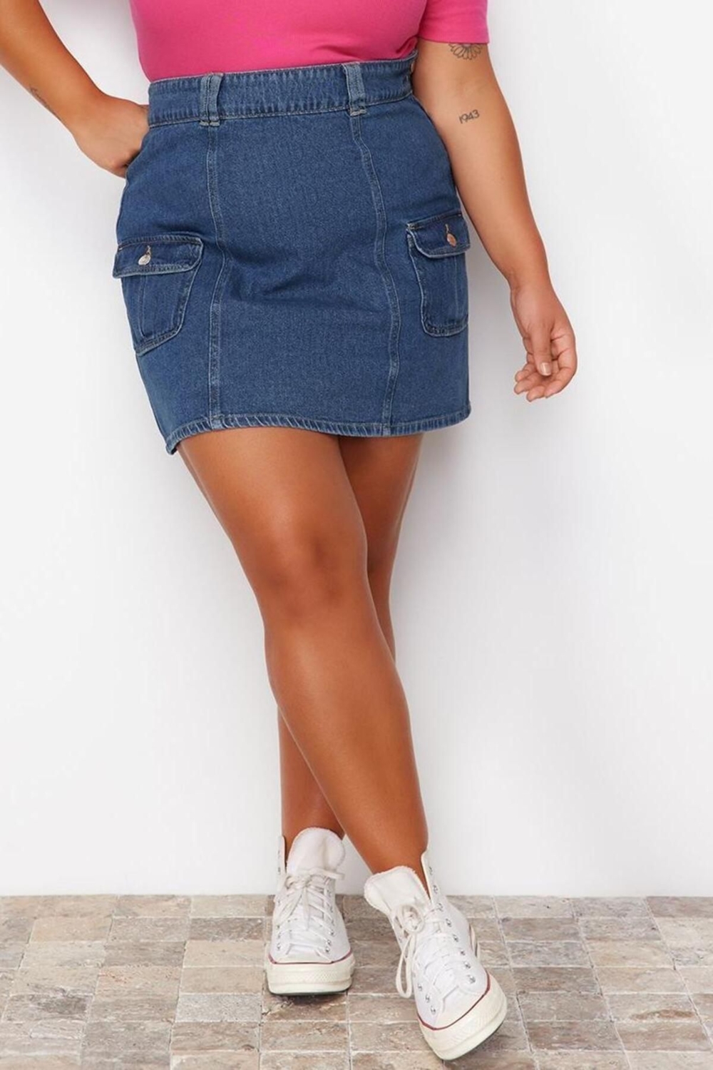 Moda Büyük Beden Regular Düz Desen Günlük Mini Boy Cepli Mini Denim Etek