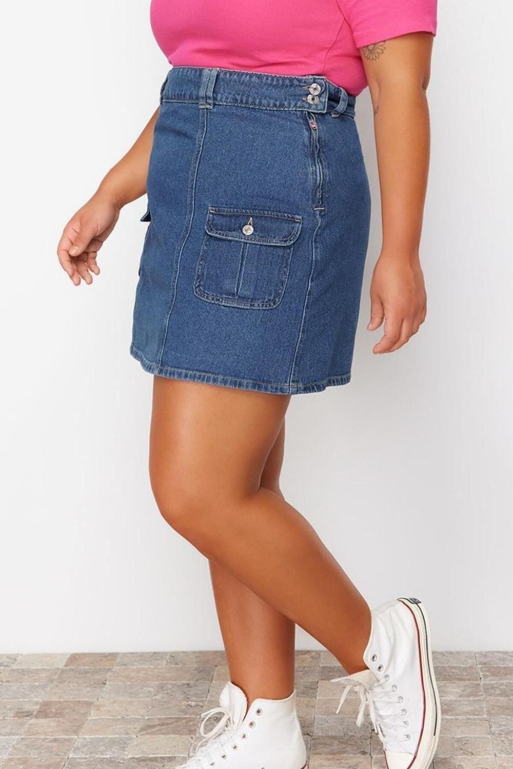 Moda Büyük Beden Regular Düz Desen Günlük Mini Boy Cepli Mini Denim Etek