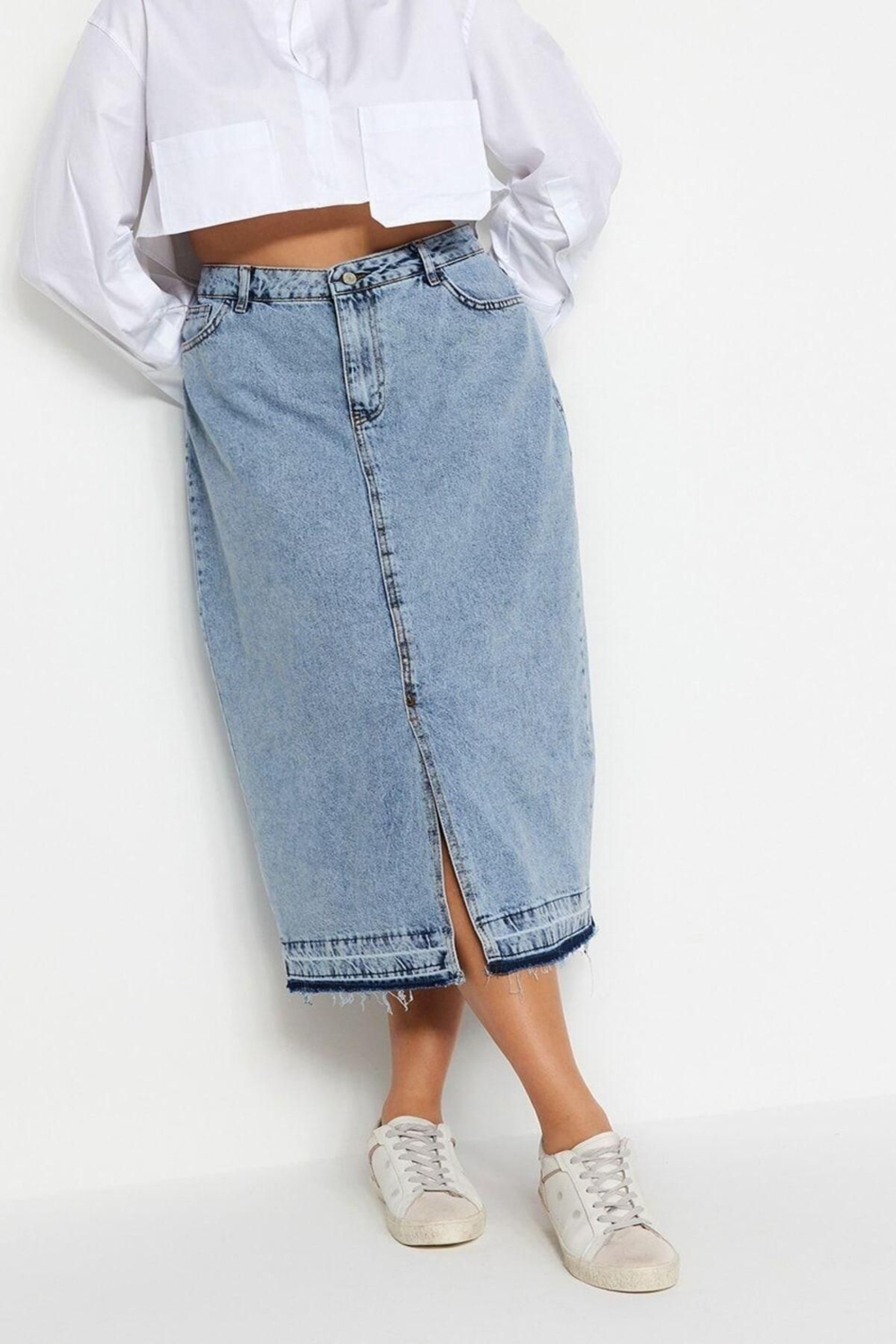 Moda Büyük Beden Regular Düz Desen Günlük Midi Boy Ön Yırtmaçlı Denim Etek