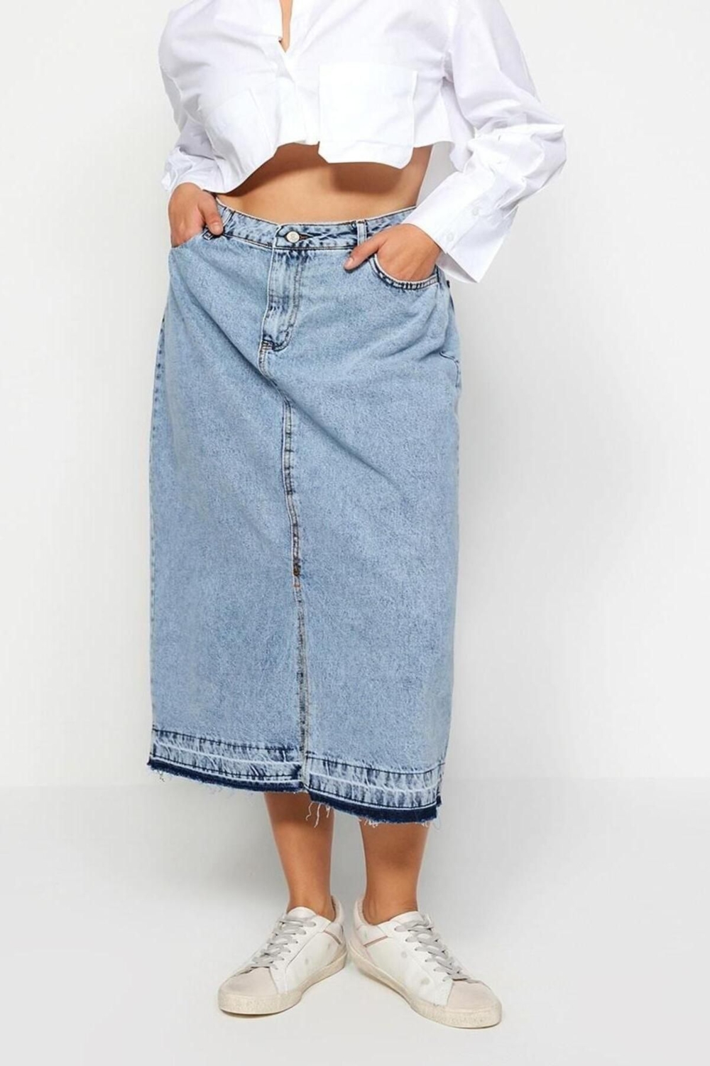 Moda Büyük Beden Regular Düz Desen Günlük Midi Boy Ön Yırtmaçlı Denim Etek