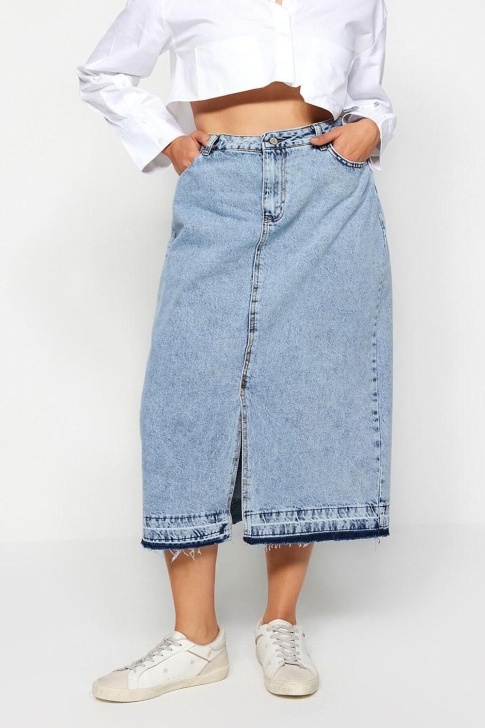 Moda Büyük Beden Regular Düz Desen Günlük Midi Boy Ön Yırtmaçlı Denim Etek