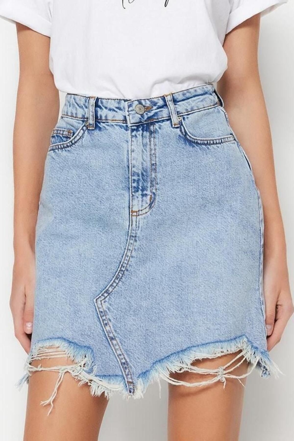 Moda Regular Düz Desen Günlük Mini Boy Yırtıklı Denim Etek